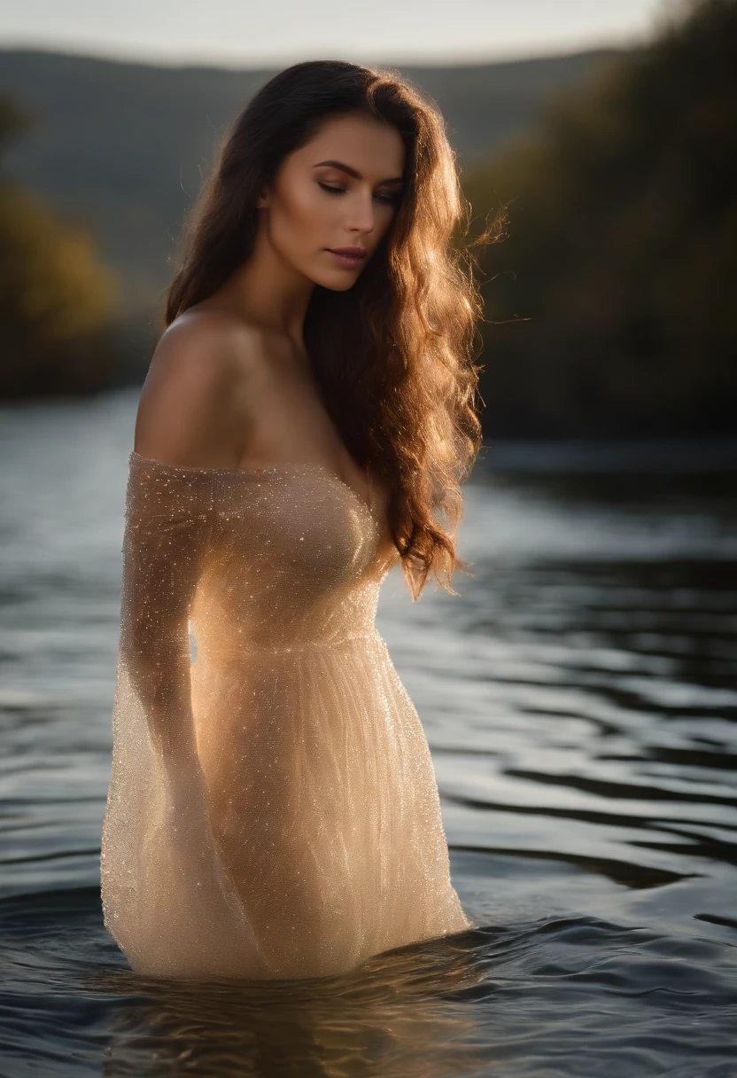 A long, translucent, Delicate and delicate fluorescent sparkling see through, transparent pearl dress, shining. Woman’s naked body can be seen through the sheer, translucent gown. Dress looks wet and is see through. Beautiful brunette woman walking out of the water, causing dress to be see through. Breasts and nipples are seen behind the sheer of the dress. Golden hour.