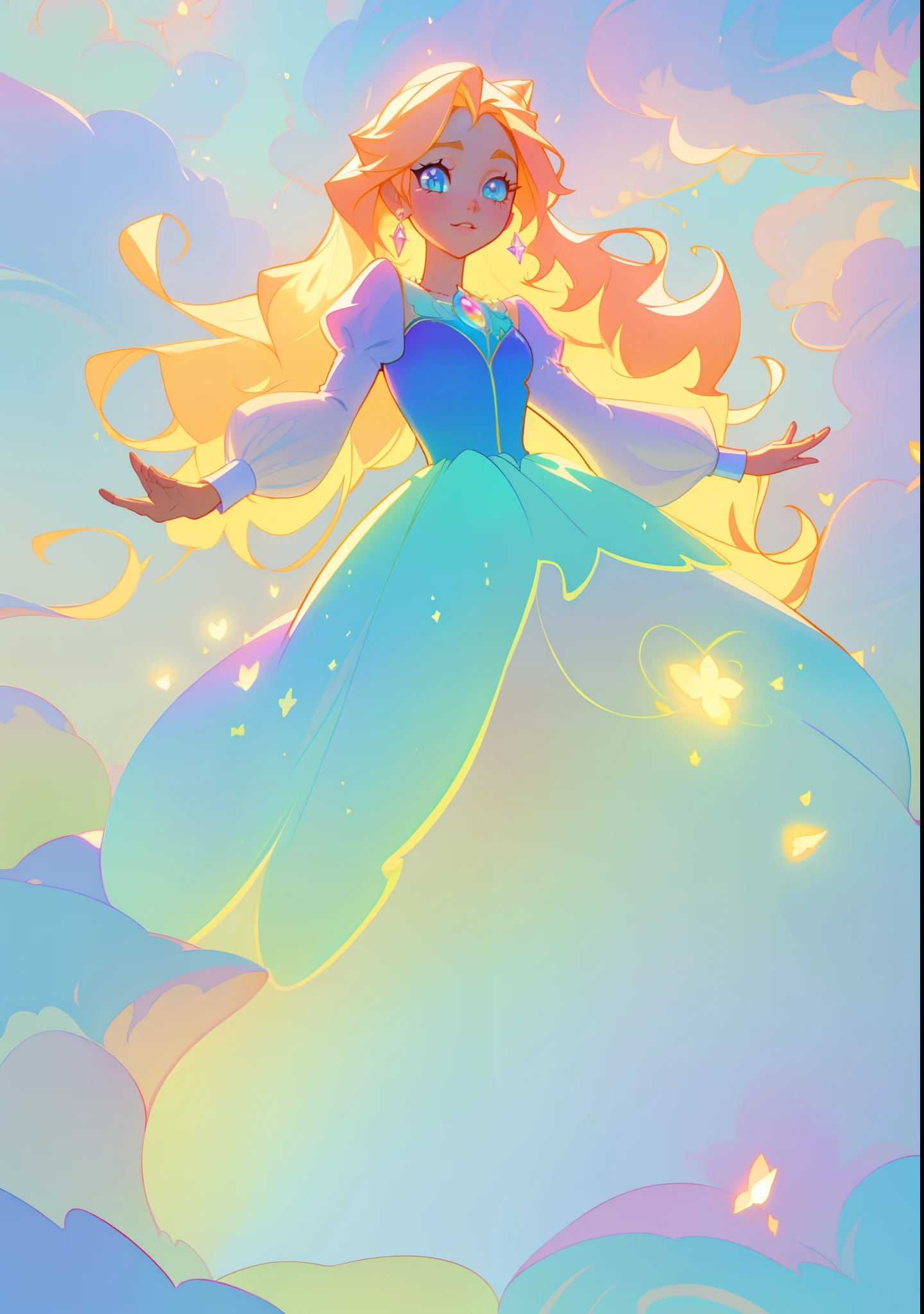 beautiful girl, puffy tiered princess ballgown with puffy long sleeves, vibrant pastel colors, (colorful), glowing golden long hair, magical lights, sparkling magical liquid, inspired by Glen Keane, inspired by Lois van Baarle, disney art style, by Lois van Baarle, glowing aura around her, by Glen Keane, jen bartel, glowing lights! digital painting, flowing glowing hair, glowing flowing hair, beautiful digital illustration, fantasia background, whimsical, magical, fantasy, ((beautiful face)), ((masterpiece, best quality)), intricate details, highly detailed, sharp focus, 8k resolution, sparkling detailed eyes, liquid watercolor