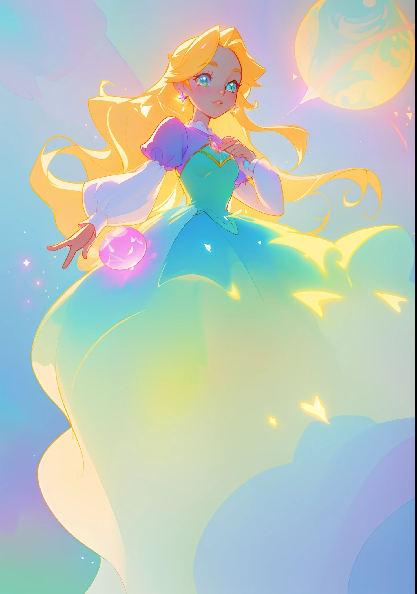 beautiful girl, puffy tiered princess ballgown with puffy long sleeves, vibrant pastel colors, (colorful), glowing golden long hair, magical lights, sparkling magical liquid, inspired by Glen Keane, inspired by Lois van Baarle, disney art style, by Lois van Baarle, glowing aura around her, by Glen Keane, jen bartel, glowing lights! digital painting, flowing glowing hair, glowing flowing hair, beautiful digital illustration, fantasia background, whimsical, magical, fantasy, ((beautiful face)), ((masterpiece, best quality)), intricate details, highly detailed, sharp focus, 8k resolution, sparkling detailed eyes, liquid watercolor