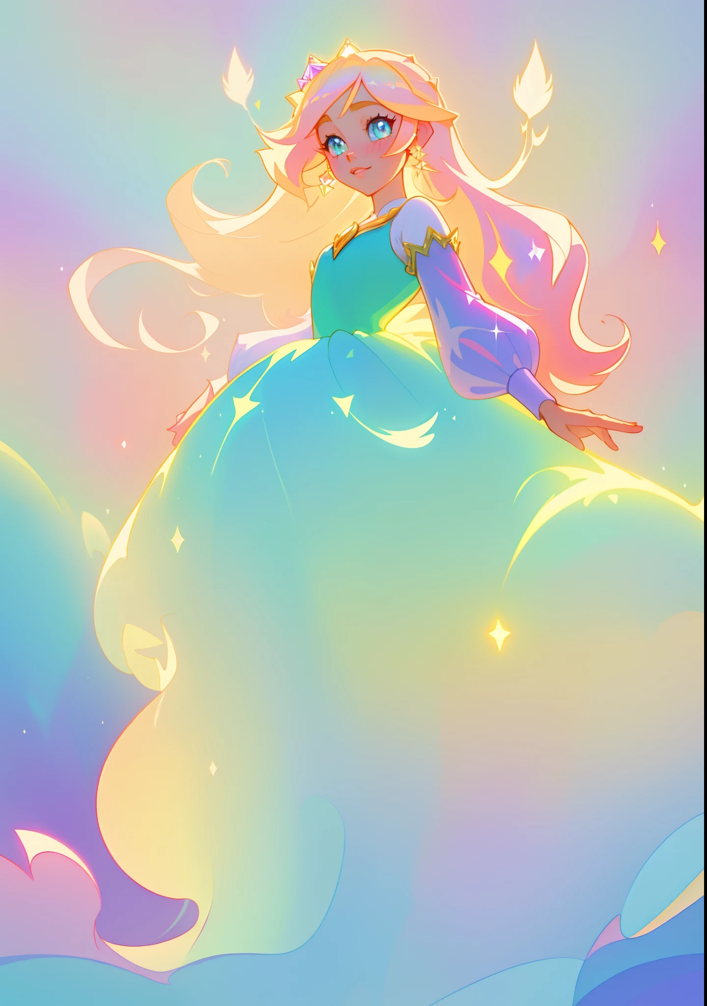 beautiful girl, puffy tiered princess ballgown with puffy long sleeves, vibrant pastel colors, (colorful), glowing golden long hair, magical lights, sparkling magical liquid, inspired by Glen Keane, inspired by Lois van Baarle, disney art style, by Lois van Baarle, glowing aura around her, by Glen Keane, jen bartel, glowing lights! digital painting, flowing glowing hair, glowing flowing hair, beautiful digital illustration, fantasia background, whimsical, magical, fantasy, ((beautiful face)), ((masterpiece, best quality)), intricate details, highly detailed, sharp focus, 8k resolution, sparkling detailed eyes, liquid watercolor