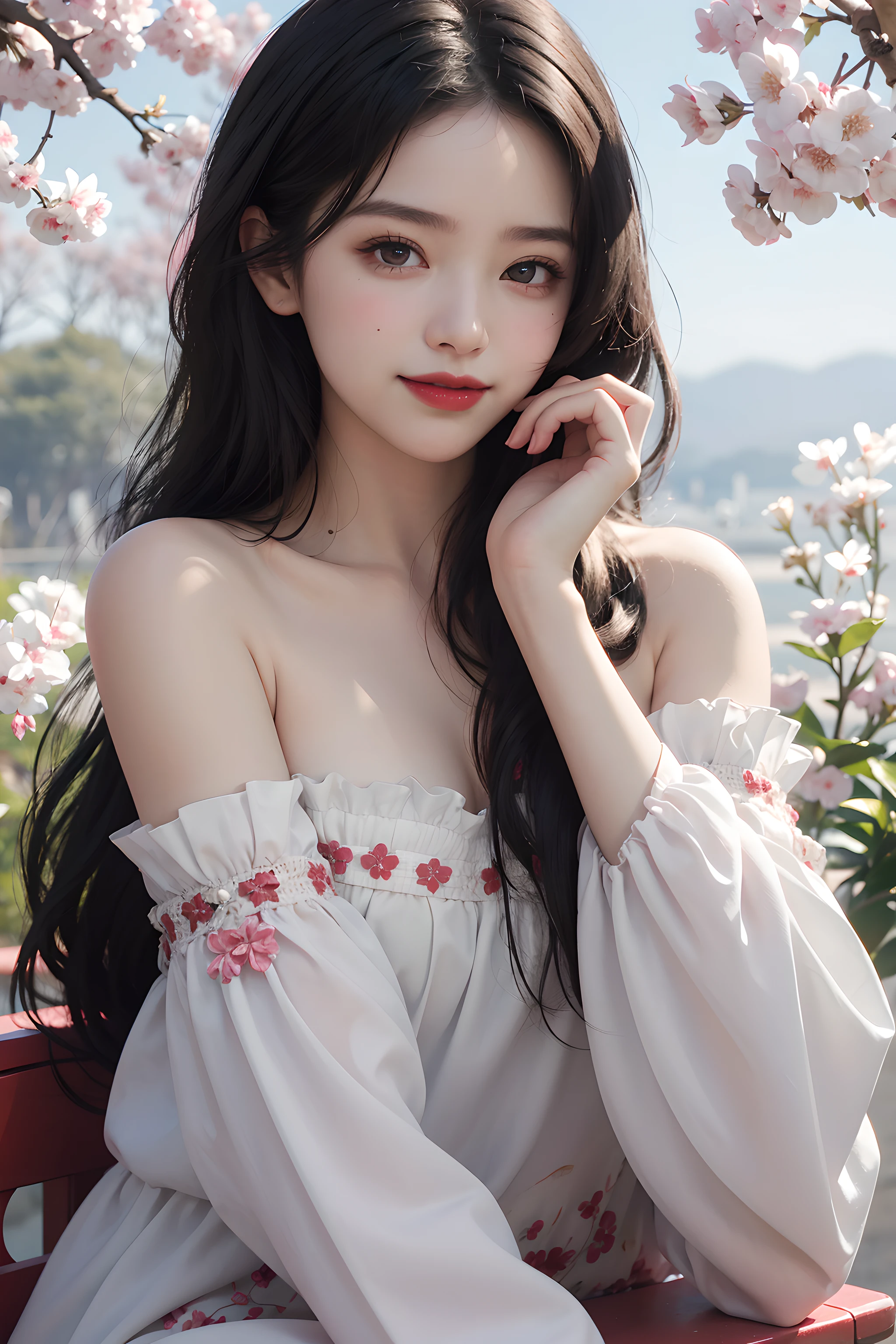 best quality, masterpiece, ultra high res, RAW, 8k, ultra-realistic, young girl, offshoulder, smile, natural light, detailed skin, (black hair:1.4), red lipstick, hand on cheek, ((Sakura Background)), extremely beautiful eyes