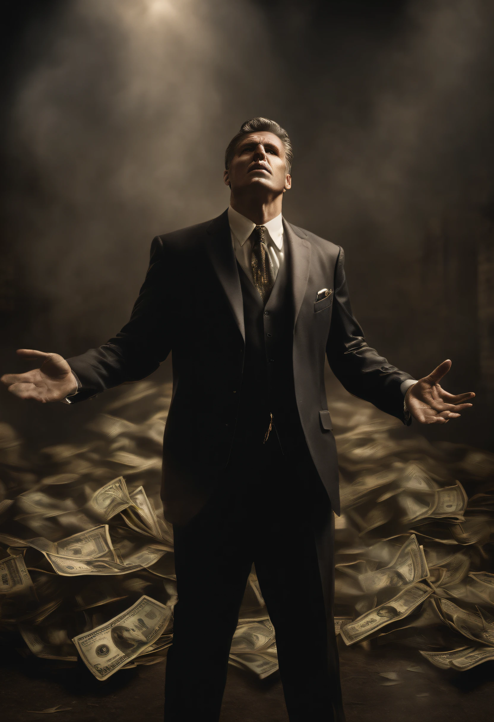 a man fighting against money, oil painting, harsh brushstrokes, dramatic lighting, intense expression, determined eyes, clenched fists, sweat dripping down his face, wrinkled suit, broken chains, crumbling dollar bills, crumbling stock market graph, smoke rising in the background, black and white with a touch of gold, realism. (best quality, highres, ultra-detailed), (realistic:1.37), professional, vivid colors.