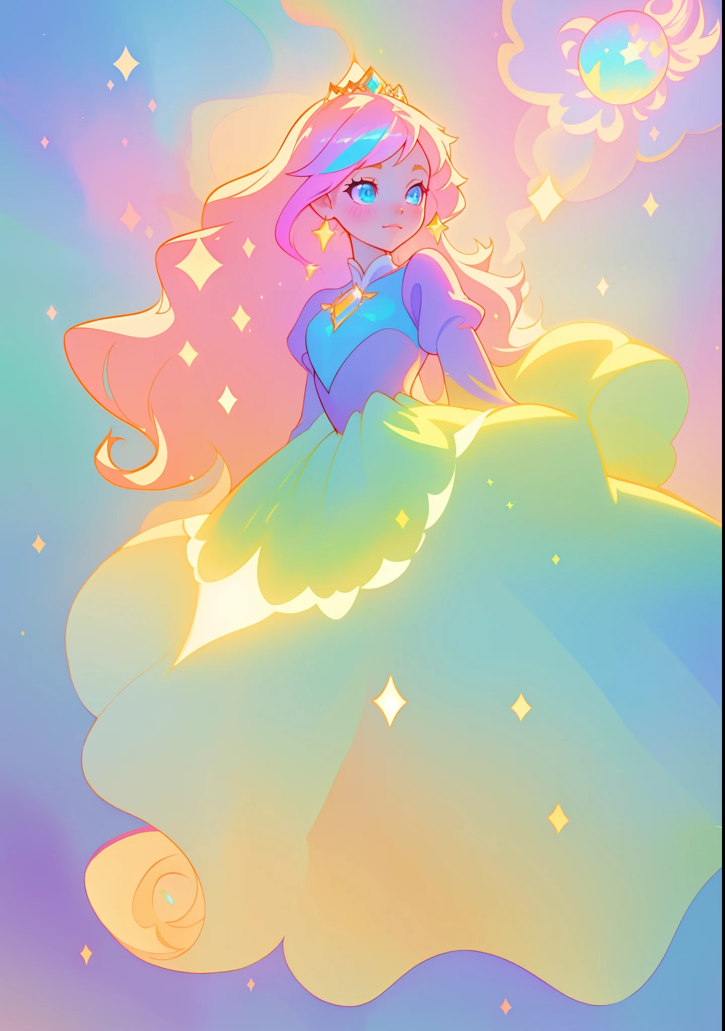 beautiful girl, puffy tiered princess ballgown with puffy long sleeves, vibrant pastel colors, (colorful), glowing golden long hair, magical lights, sparkling magical liquid, inspired by Glen Keane, inspired by Lois van Baarle, disney art style, by Lois van Baarle, glowing aura around her, by Glen Keane, jen bartel, glowing lights! digital painting, flowing glowing hair, glowing flowing hair, beautiful digital illustration, fantasia background, whimsical, magical, fantasy, ((beautiful face)), ((masterpiece, best quality)), intricate details, highly detailed, sharp focus, 8k resolution, sparkling detailed eyes, liquid watercolor