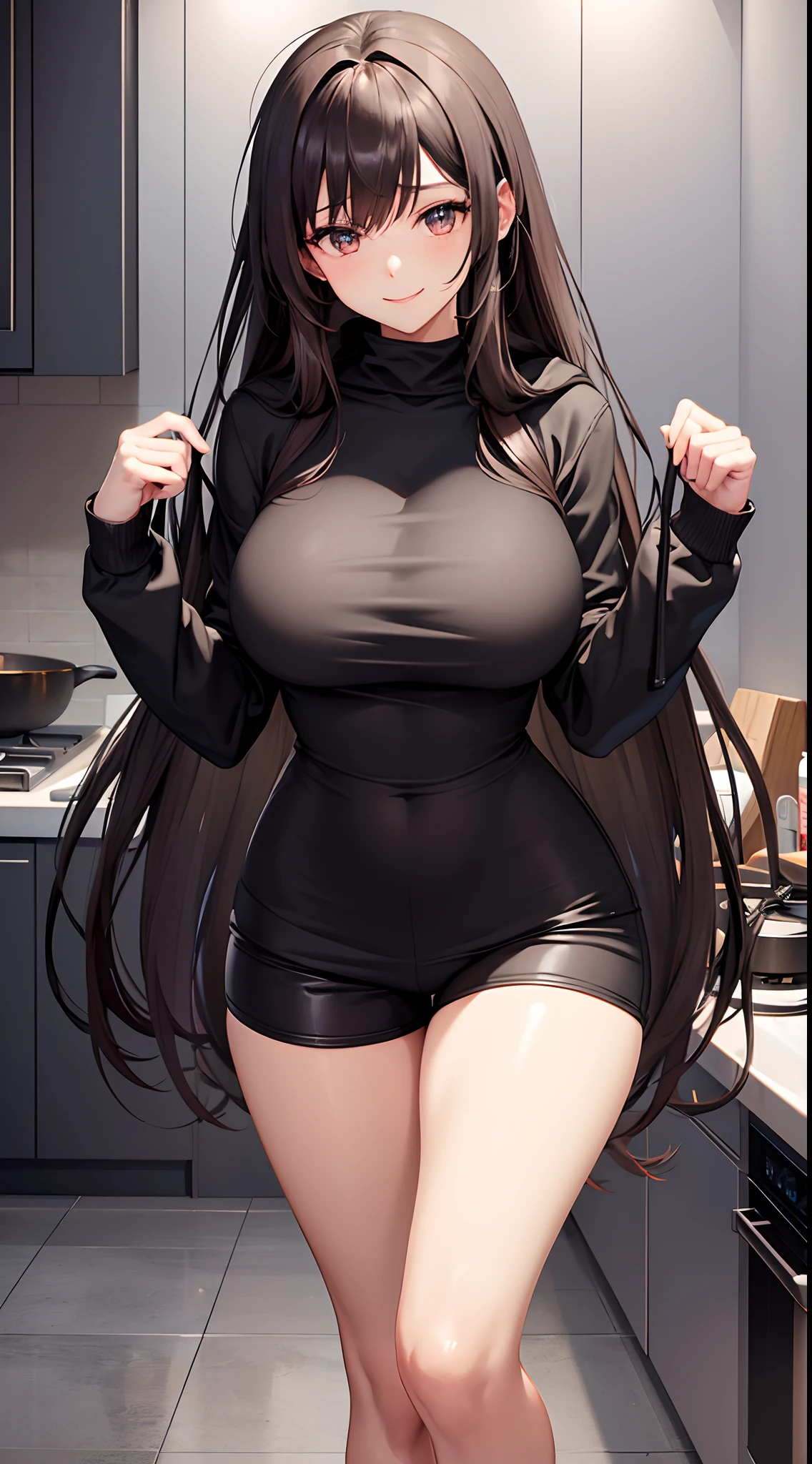 anime girl in a grey hoodie & black shorts  , long caramel colour hair, brown colour eyes, seductive anime girl, beautiful alluring anime woman, [ 4 k digital art ]!!, breasts covered and sfw, beautiful alluring anime teen, big breasts!, big breasts!!, with large breasts, sfw huge breasts, with a large breasts, | fine detail anime, smooth anime cg art, kitchen, cooking pose, smiling, perfect body figure, slim waist