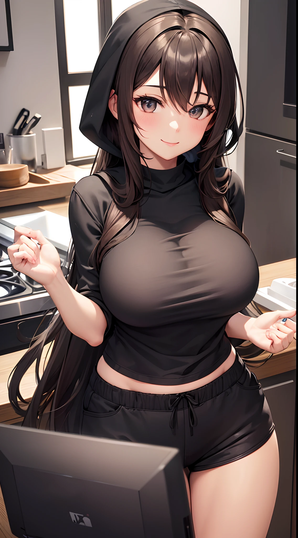 anime girl in a grey hoodie & black shorts  , long caramel colour hair, brown colour eyes, seductive anime girl, beautiful alluring anime woman, [ 4 k digital art ]!!, breasts covered and sfw, beautiful alluring anime , big breasts!, big breasts!!, with large breasts, sfw huge breasts, with a large breasts, | fine detail anime, smooth anime cg art, kitchen, cooking pose, smiling, perfect body figure, slim waist