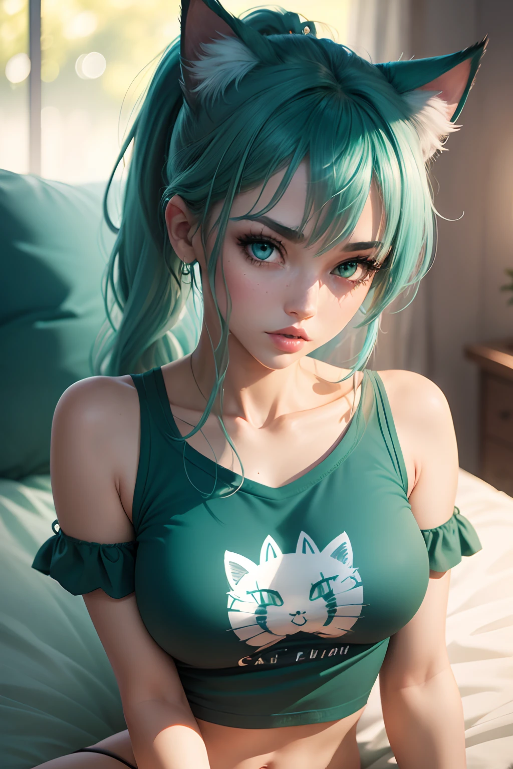 catgirl, teal-green cat ears,best quality,ultra-detailed,photorealistic,artistic:1.2,professional,teal-green hair,teal eyes,sexy,cute,beautiful detailed eyes,beautiful detailed lips,midriff,tummy,oversized t shirt,lace and panty,ponytail,laying,soft lighting,vivid colors, seductive