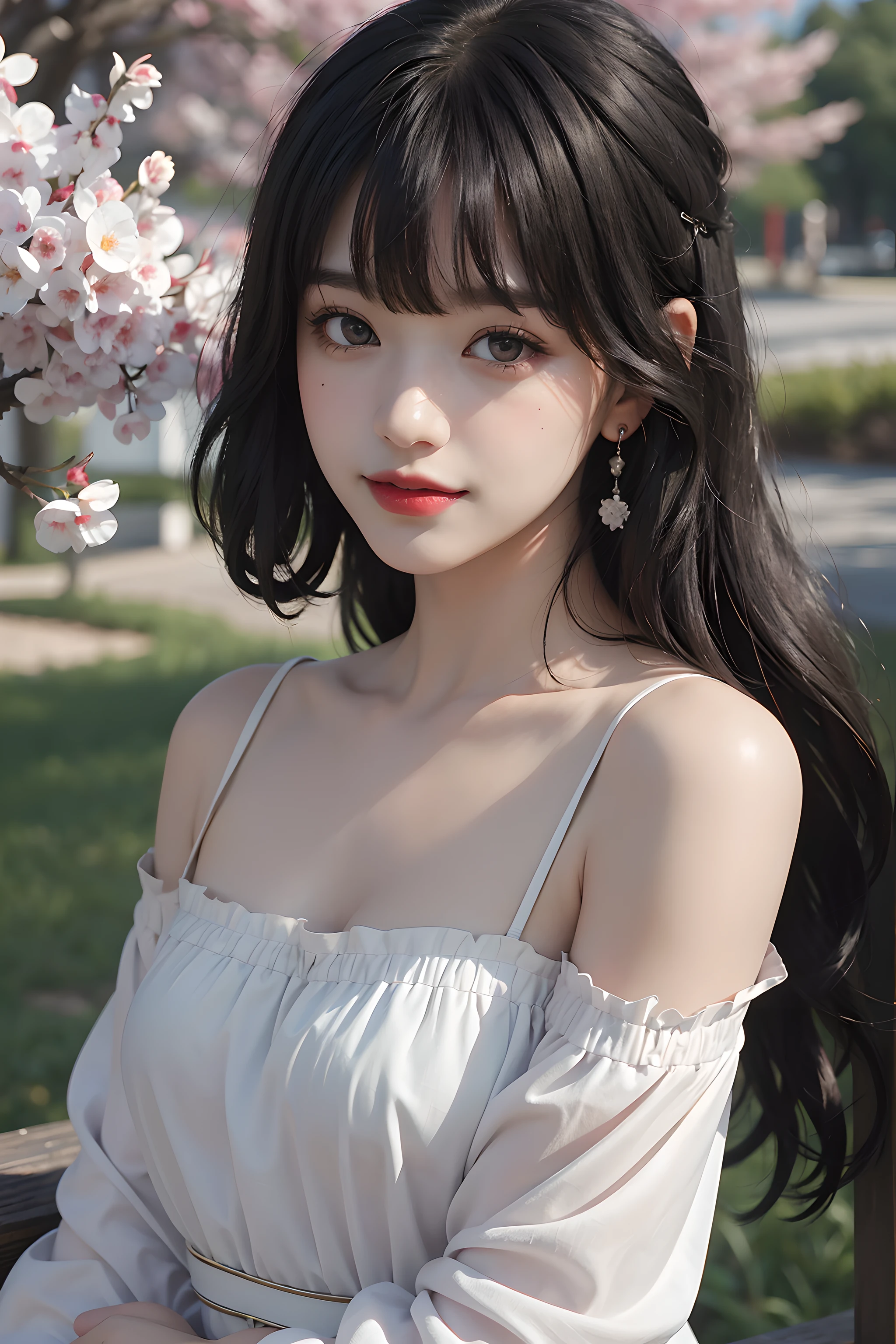 Top image quality、Raw photography、超A high Resolution、Shooting for one person only、tied hair, hair pin, big round chest、off shoulder floral print dress, Shiny hair、耳环、Close-up shooting of breasts, backyard background