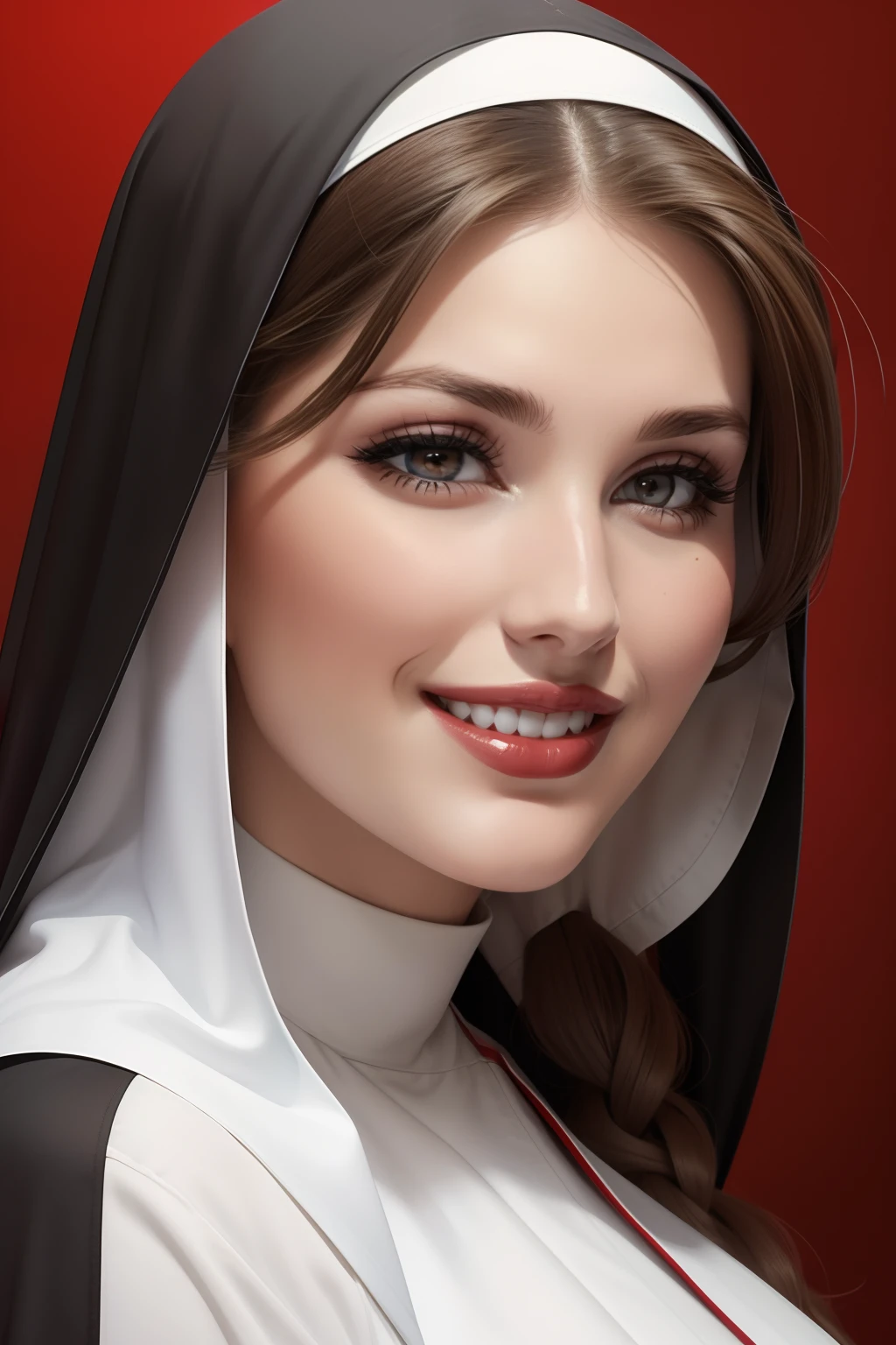 Lucy Pinder, face portrait, ((Very Intense Makeup)), ((brilliant Lipstick)), smiling, long hair, brown hair, the nun, voluptuous woman, neckline, BACK, beautiful buttocks, ((voluptuous woman))