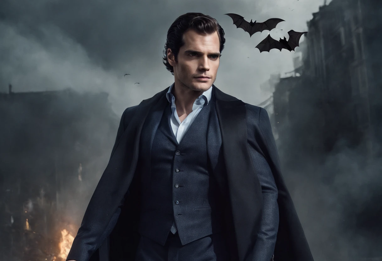 A Photograph capturing henry cavill modeling, Bat flying around. Use subtle details to hint at hidden desires. symbolic elements that convey a deeper meaning or narrative
