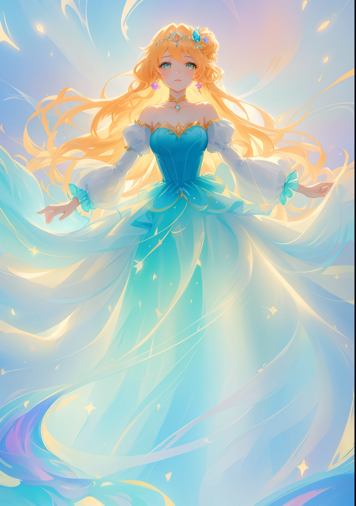 beautiful girl, puffy tiered ballgown with puffy long sleeves, vibrant pastel colors, (colorful), glowing golden long hair, magical lights, sparkling magical liquid, inspired by Glen Keane, inspired by Lois van Baarle, disney art style, by Lois van Baarle, glowing aura around her, by Glen Keane, jen bartel, glowing lights! digital painting, flowing glowing hair, glowing flowing hair, beautiful digital illustration, fantasia background, whimsical, magical, fantasy, ((beautiful face)), ((masterpiece, best quality)), intricate details, highly detailed, sharp focus, 8k resolution, sparkling detailed eyes, liquid watercolor