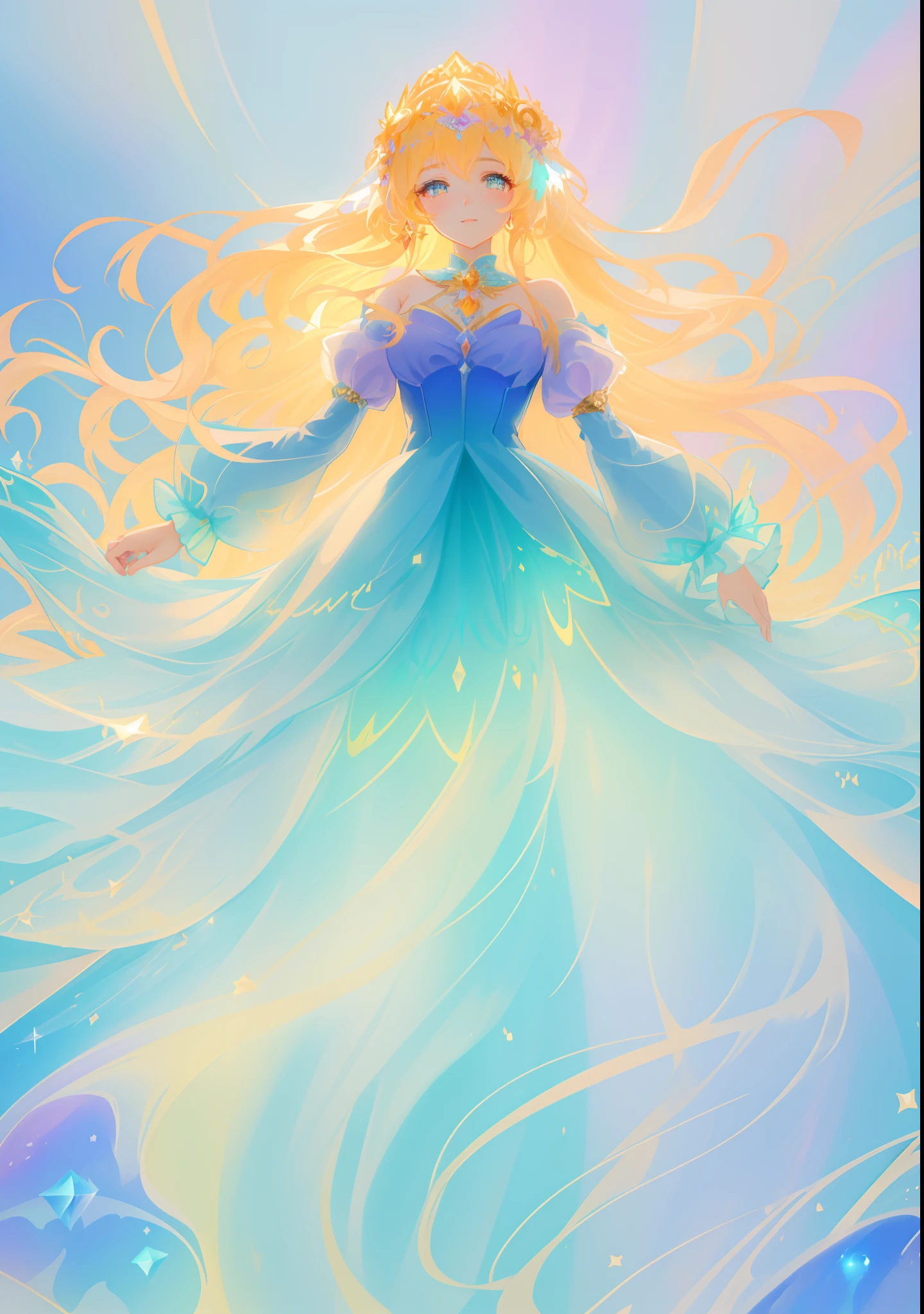 beautiful girl, puffy tiered ballgown with puffy long sleeves, vibrant pastel colors, (colorful), glowing golden long hair, magical lights, sparkling magical liquid, inspired by Glen Keane, inspired by Lois van Baarle, disney art style, by Lois van Baarle, glowing aura around her, by Glen Keane, jen bartel, glowing lights! digital painting, flowing glowing hair, glowing flowing hair, beautiful digital illustration, fantasia background, whimsical, magical, fantasy, ((beautiful face)), ((masterpiece, best quality)), intricate details, highly detailed, sharp focus, 8k resolution, sparkling detailed eyes, liquid watercolor