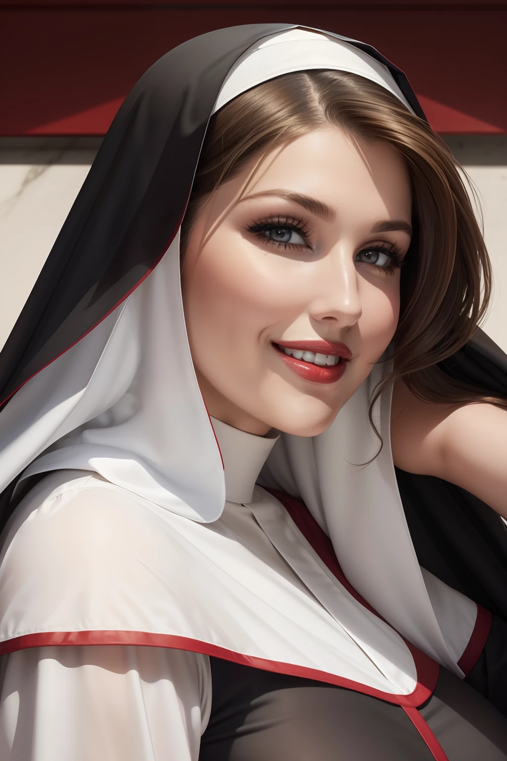 lucy pinder, face portrait, smiling, red lipstick, the nun