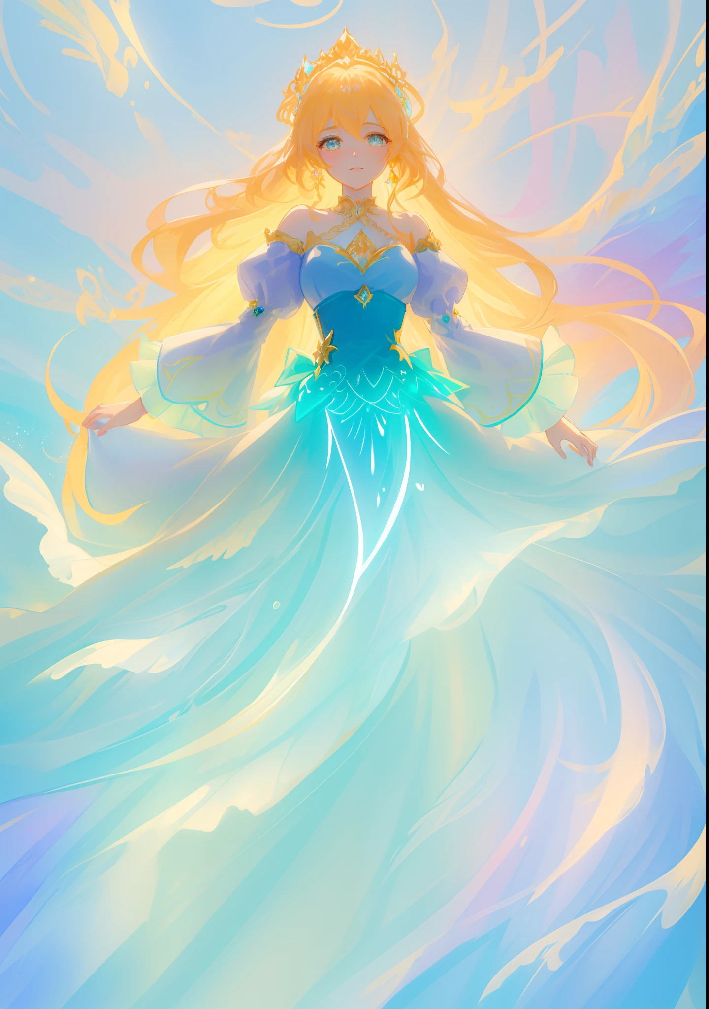 beautiful girl, puffy tiered ballgown with puffy long sleeves, vibrant pastel colors, (colorful), glowing golden long hair, magical lights, sparkling magical liquid, inspired by Glen Keane, inspired by Lois van Baarle, disney art style, by Lois van Baarle, glowing aura around her, by Glen Keane, jen bartel, glowing lights! digital painting, flowing glowing hair, glowing flowing hair, beautiful digital illustration, fantasia background, whimsical, magical, fantasy, ((beautiful face)), ((masterpiece, best quality)), intricate details, highly detailed, sharp focus, 8k resolution, sparkling detailed eyes, liquid watercolor