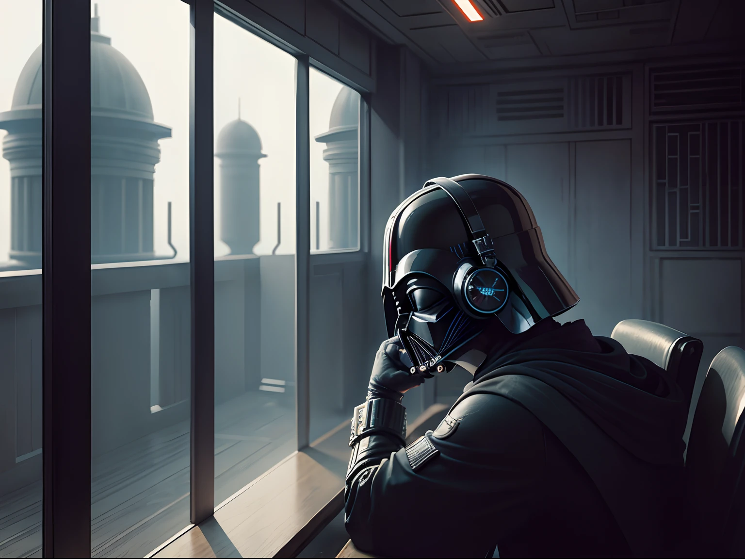 Darth Vader listening to chill lofi beats with headphones on in the jedi temple