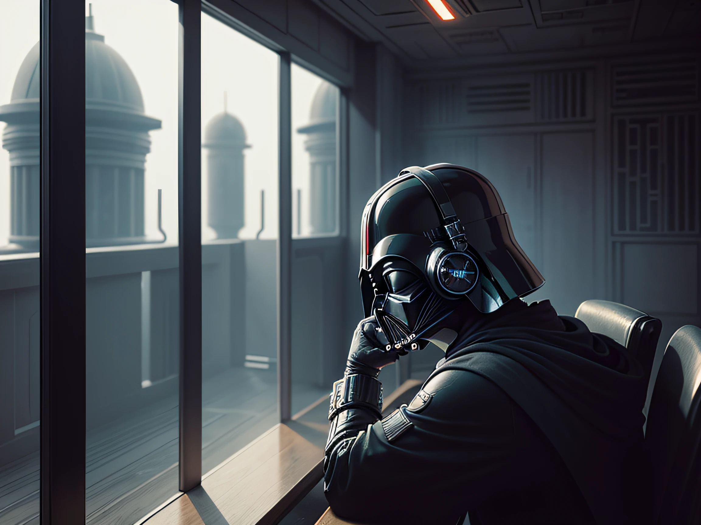 Darth Vader listening to chill lofi beats with headphones on in the jedi temple