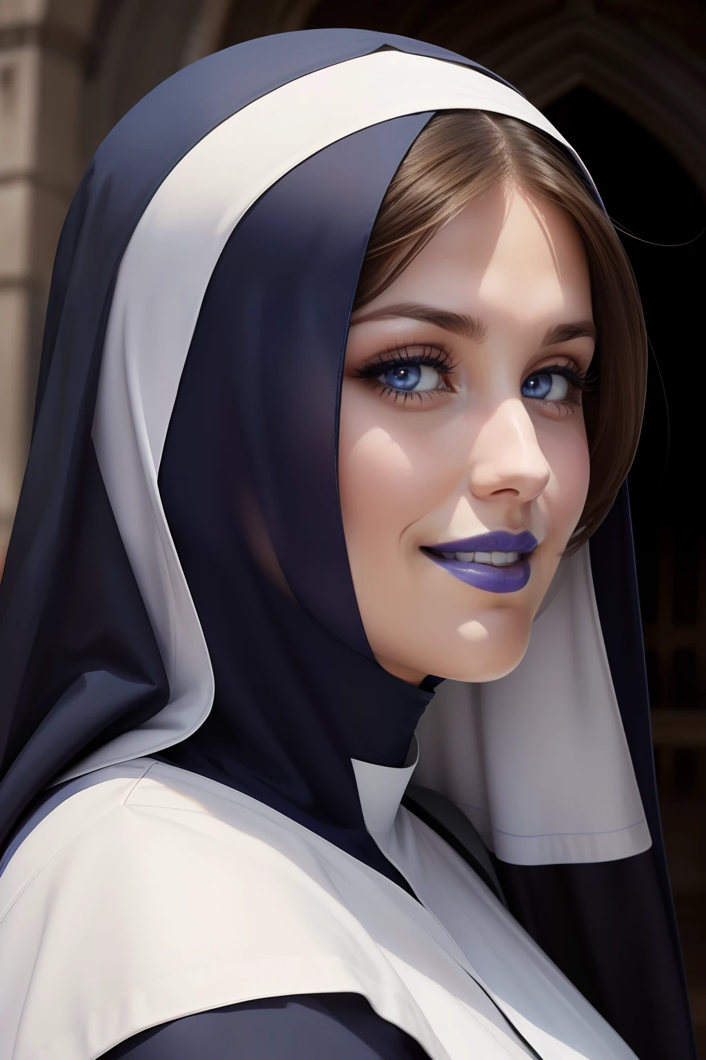 lucy pinder, face portrait, smiling, blue lipstick, the nun