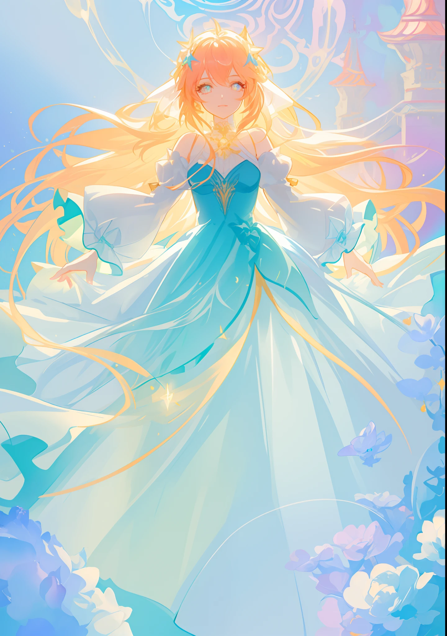 beautiful girl, puffy tiered ballgown with puffy long sleeves, vibrant pastel colors, (colorful), glowing golden long hair, magical lights, sparkling magical liquid, inspired by Glen Keane, inspired by Lois van Baarle, disney art style, by Lois van Baarle, glowing aura around her, by Glen Keane, jen bartel, glowing lights! digital painting, flowing glowing hair, glowing flowing hair, beautiful digital illustration, fantasia background, whimsical, magical, fantasy, ((beautiful face)), ((masterpiece, best quality)), intricate details, highly detailed, sharp focus, 8k resolution, sparkling detailed eyes, liquid watercolor