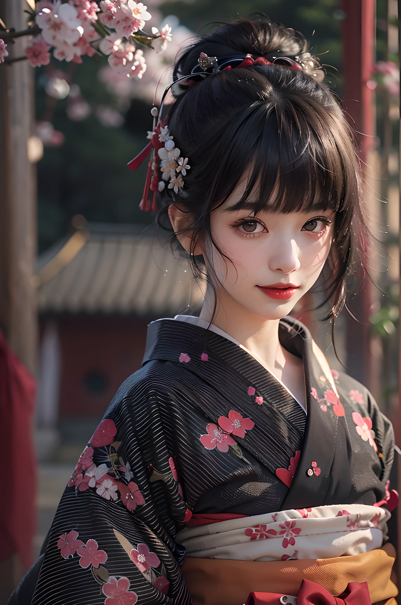 best quality, masterpiece, ultra high res, RAW, 8k, ultra-realistic, young girl, offshoulder, smile, natural light, detailed skin, (black hair:1.4), red lipstick, (Bangs:1.2), ((Sakura Background)), extremely beautiful eyes, wearing kimono_clothes, Red Kimono