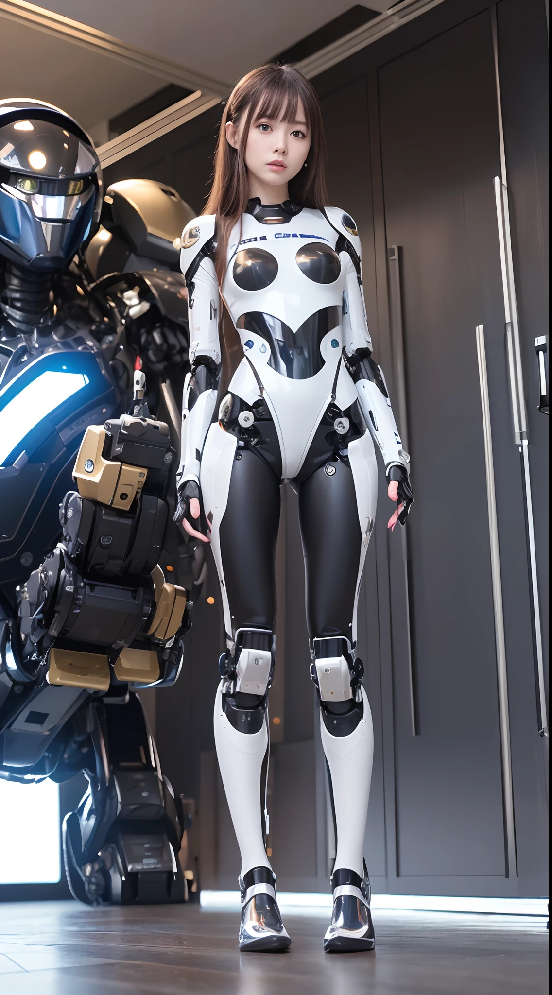 ((Robot Girl, mechs)), Glowing eyes, Delicate face, broken armor, Mechanical aura, Mechanical arm, mechanical leg, Brown hair, Long hair, ceramic body, Thigh gap, tiny chest, cyber background, akihabara, (translucent, reflection skin), 8K, Best Quality, Ultra-detailed, (surrealism: 1.4), Perfect Robot Girl, Perfect machine body