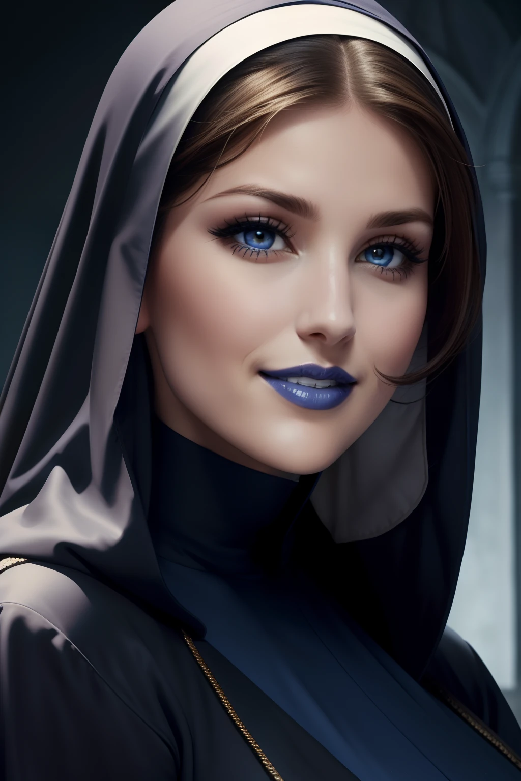 lucy pinder, face portrait, smiling, blue lipstick, the nun