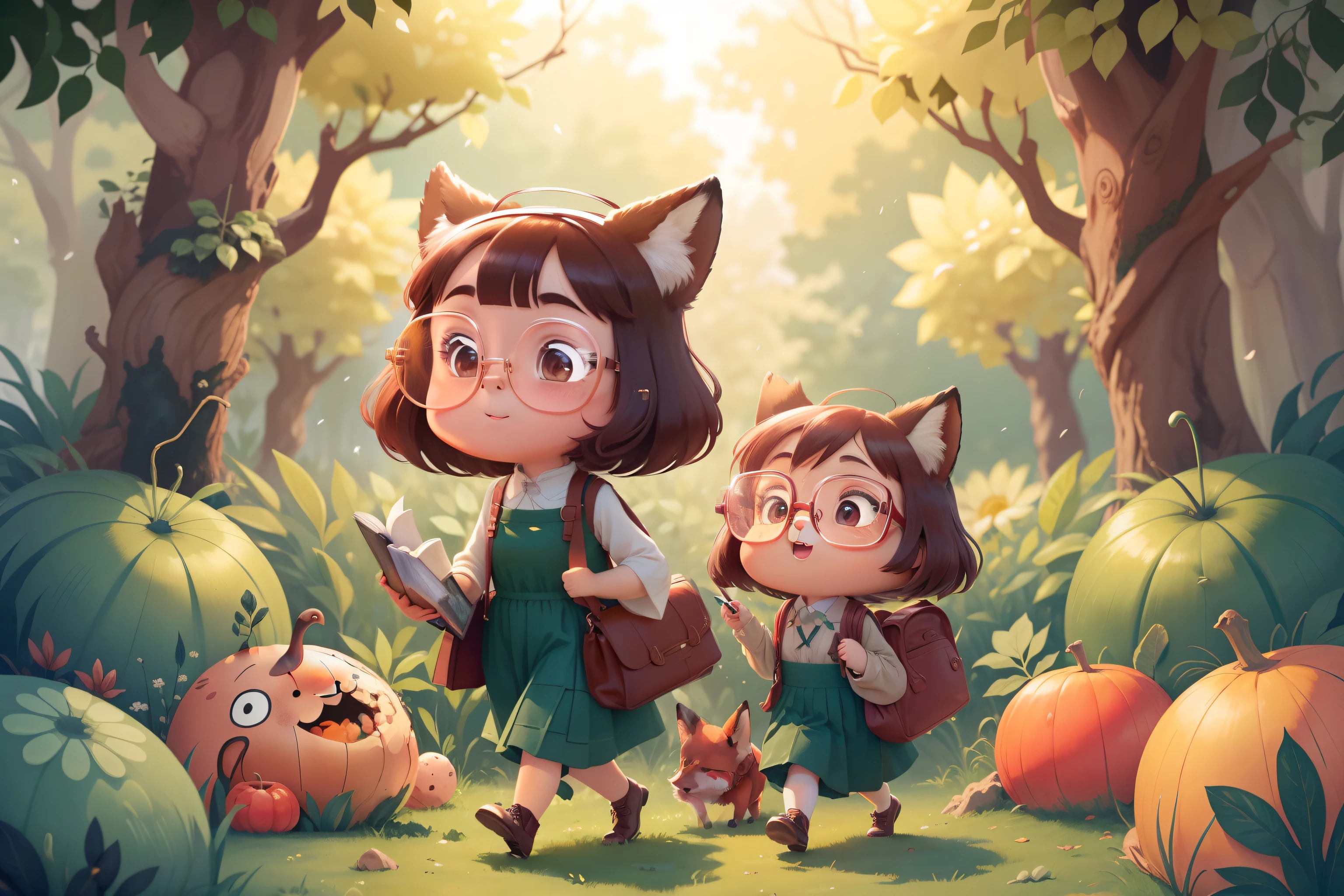 outonal,Horta da quinta,Huge pumpkin harvest。A fox with glasses, Kind of like female teacher walking next to another little fox carrying a notebook in her hands,intrigante,delicate facial features,alegria,alta qualidade。