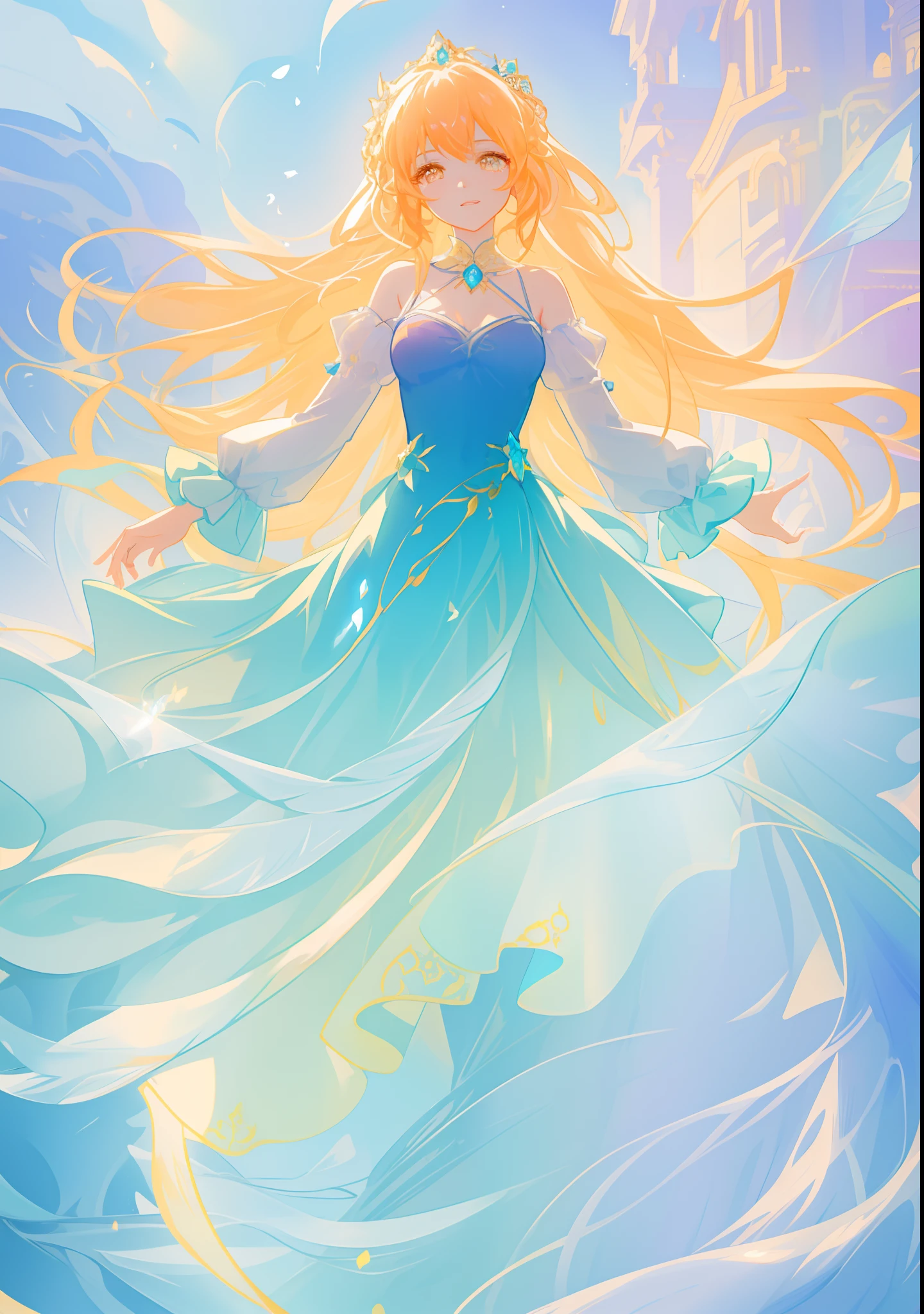 beautiful girl, puffy tiered ballgown with puffy long sleeves, vibrant pastel colors, (colorful), glowing golden long hair, magical lights, sparkling magical liquid, inspired by Glen Keane, inspired by Lois van Baarle, disney art style, by Lois van Baarle, glowing aura around her, by Glen Keane, jen bartel, glowing lights! digital painting, flowing glowing hair, glowing flowing hair, beautiful digital illustration, fantasia background, whimsical, magical, fantasy, ((beautiful face)), ((masterpiece, best quality)), intricate details, highly detailed, sharp focus, 8k resolution, sparkling detailed eyes, liquid watercolor