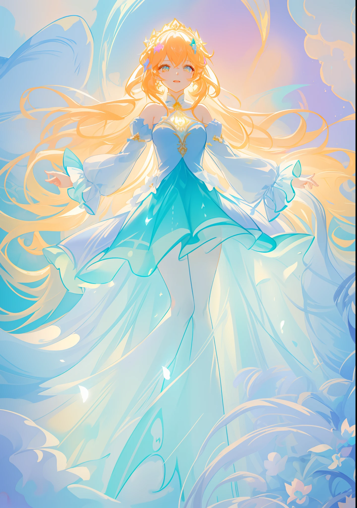 beautiful girl, puffy tiered ballgown with puffy long sleeves, vibrant pastel colors, (colorful), glowing golden long hair, magical lights, sparkling magical liquid, inspired by Glen Keane, inspired by Lois van Baarle, disney art style, by Lois van Baarle, glowing aura around her, by Glen Keane, jen bartel, glowing lights! digital painting, flowing glowing hair, glowing flowing hair, beautiful digital illustration, fantasia background, whimsical, magical, fantasy, ((beautiful face)), ((masterpiece, best quality)), intricate details, highly detailed, sharp focus, 8k resolution, sparkling detailed eyes, liquid watercolor