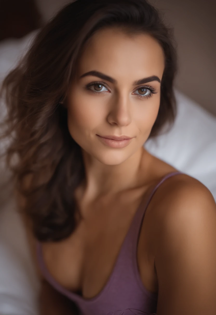 arafed woman with matching tank top and panties, sexy girl with brown eyes, brown hair and large eyes, selfie of a young woman, bedroom eyes, violet myers, without makeup, natural makeup, looking directly at the camera, face with artgram, subtle makeup, stunning full body shot, in bedroom, sleeping selphie