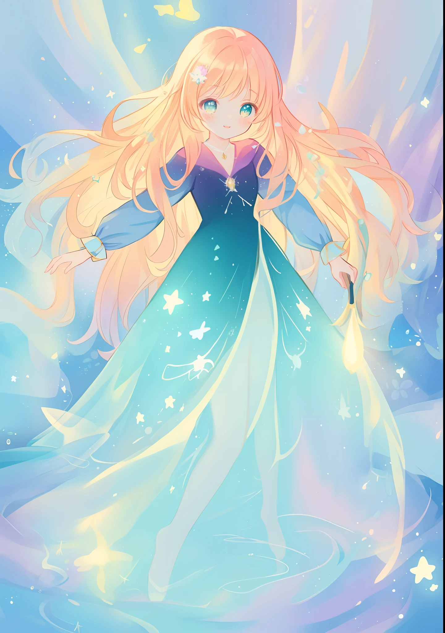 beautiful girl, puffy tiered ballgown with puffy long sleeves, vibrant pastel colors, (colorful), glowing golden long hair, magical lights, sparkling magical liquid, inspired by Glen Keane, inspired by Lois van Baarle, disney art style, by Lois van Baarle, glowing aura around her, by Glen Keane, jen bartel, glowing lights! digital painting, flowing glowing hair, glowing flowing hair, beautiful digital illustration, fantasia background, whimsical, magical, fantasy, ((beautiful face)), ((masterpiece, best quality)), intricate details, highly detailed, sharp focus, 8k resolution, sparkling detailed eyes, liquid watercolor