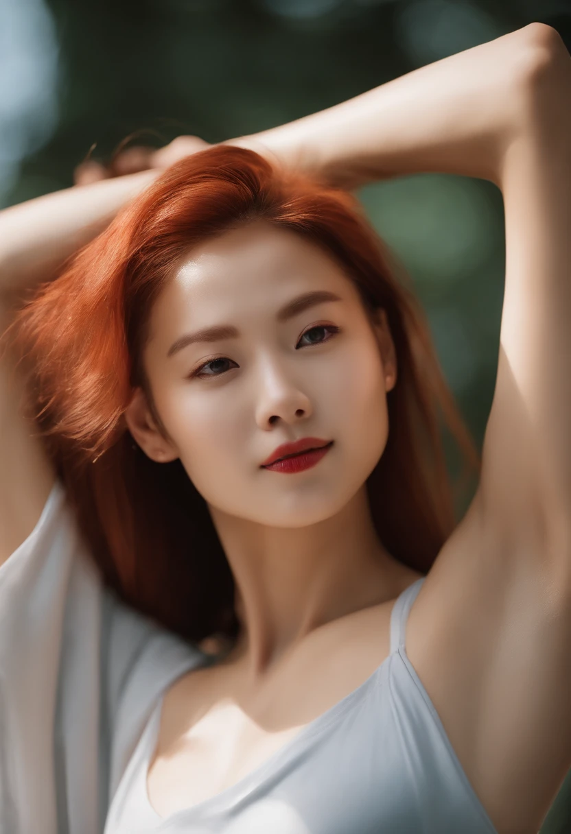 Beautiful woman with sweaty armpits、Half-Japanese-European Facial Characteristics、Pose with both armpits visible、Redhead ponytail