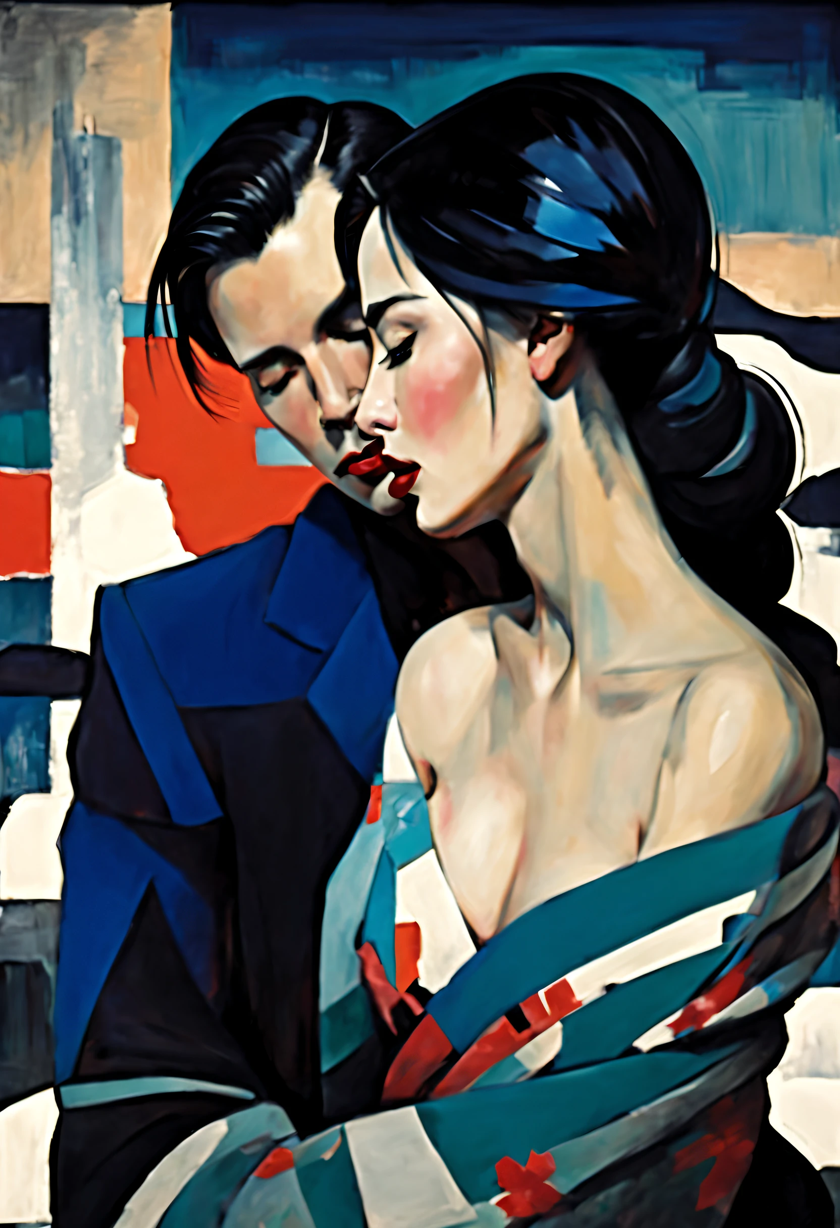 A snowy, whimsical fantasy scene with an super model in sexy pattern kimono. The image is primarily composed of white, black, and royal blue colors. The artwork is created with abstract shapes and lines, resembling brush strokes. It has a poster art feel to it. The main focus of the scene is a couple engaged in a passionate kiss. The lighting and shadows play a crucial role in enhancing the mood of the artwork. The style of the image is influenced by the works of Malcolm Liepke, known for his dynamic and expressive paintings. Depict the model partially concealed by a sheer fabric or drapery, leaving much to the viewer's imagination. Use subtle details to hint at hidden desires. symbolic elements that convey a deeper meaning or narrative
