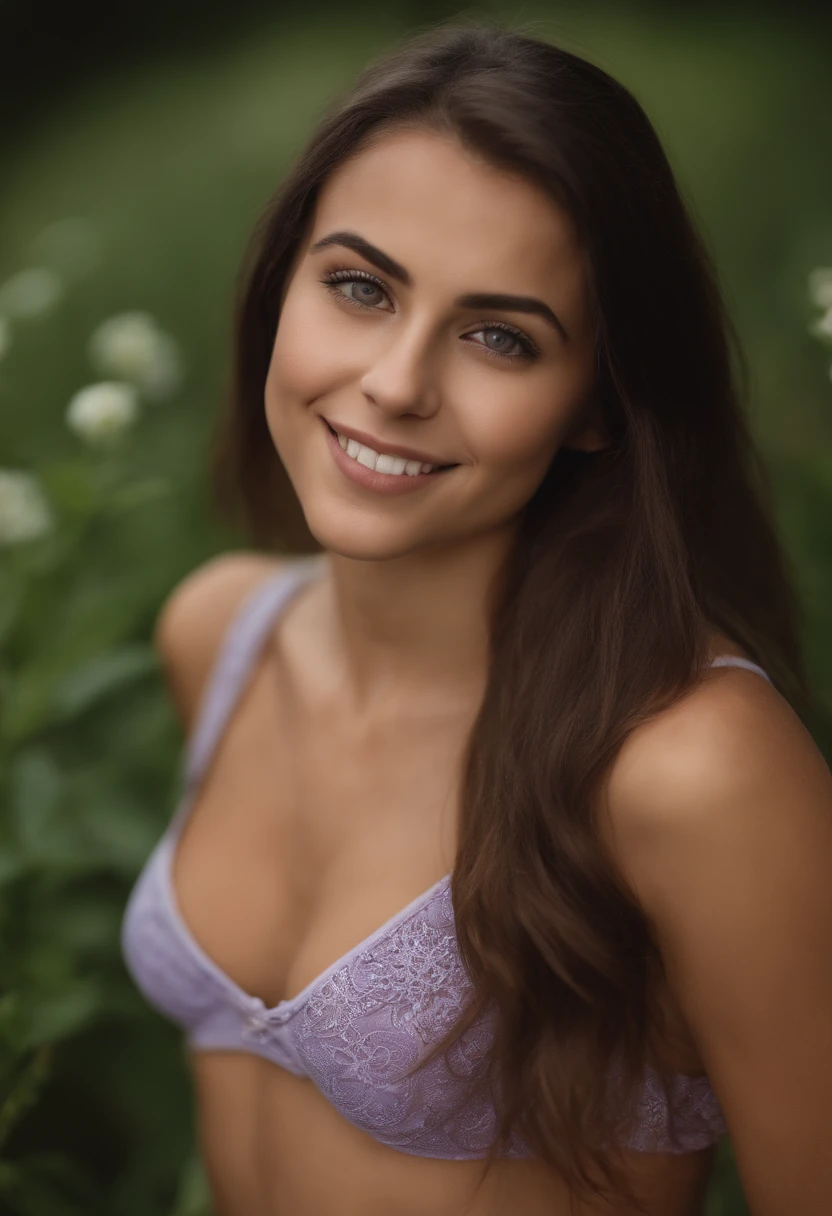 arafed woman with matching tank top and panties, sexy girl with brown eyes, brown hair and large eyes, selfie of a young woman, on beach, violet myers, without makeup, natural makeup, looking directly at the camera, face with artgram, subtle makeup, stunning full body shot, in bedroom, sleeping selphie