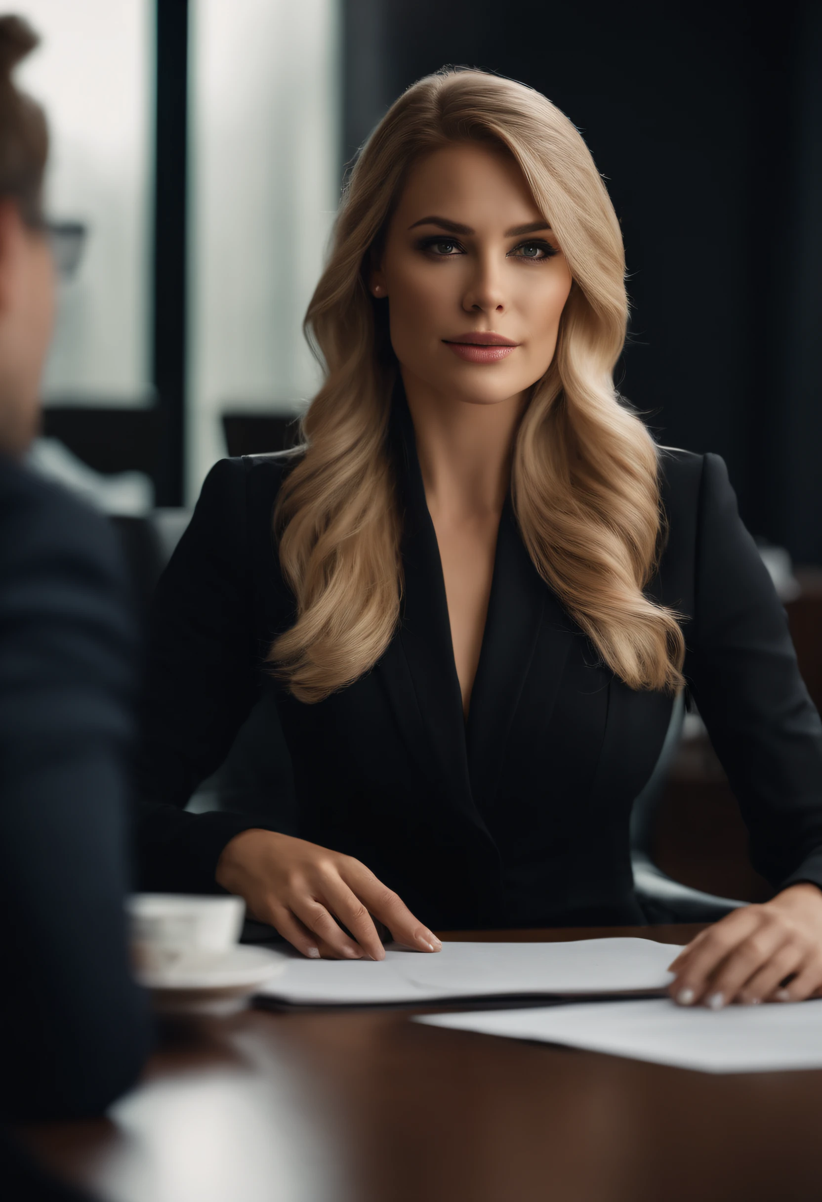 Professional, (Photo 4K:1.1), high detail, in a black business dress, Beautiful Detail Face, brown eye, Not too long blonde hair, Body shape, Boardroom with desk