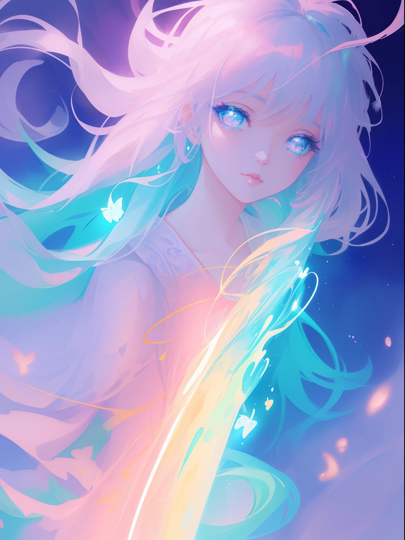 beautiful girl, vibrant pastel colors, vibrant pastel colors, flowing white dress(colorful), magical lights, long flowing colorful hair, inspired by Glen Keane, inspired by Lois van Baarle, disney art style, by Lois van Baarle, glowing aura around her, by Glen Keane, jen bartel, glowing lights! digital painting, flowing glowing hair, glowing flowing hair, beautiful digital illustration, fantasia background, whimsical, magical, fantasy, beautiful face, ((masterpiece, best quality)), intricate details, highly detailed, sharp focus, 8k resolution, sparkling detailed eyes, liquid watercolor