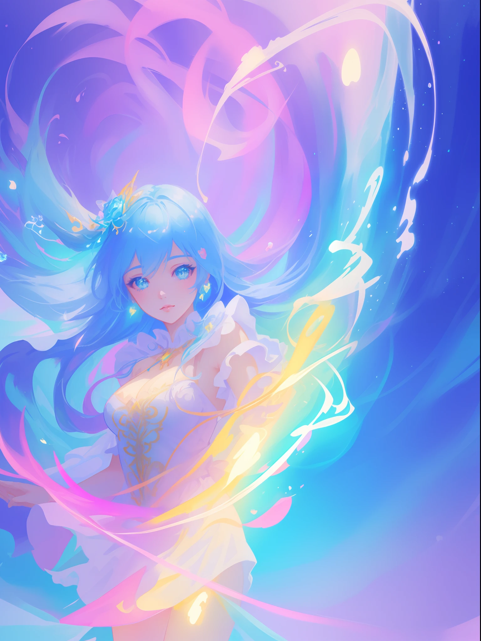 beautiful girl, vibrant pastel colors, vibrant pastel colors, flowing white dress(colorful), magical lights, long flowing colorful hair, inspired by Glen Keane, inspired by Lois van Baarle, disney art style, by Lois van Baarle, glowing aura around her, by Glen Keane, jen bartel, glowing lights! digital painting, flowing glowing hair, glowing flowing hair, beautiful digital illustration, fantasia background, whimsical, magical, fantasy, beautiful face, ((masterpiece, best quality)), intricate details, highly detailed, sharp focus, 8k resolution, sparkling detailed eyes, liquid watercolor