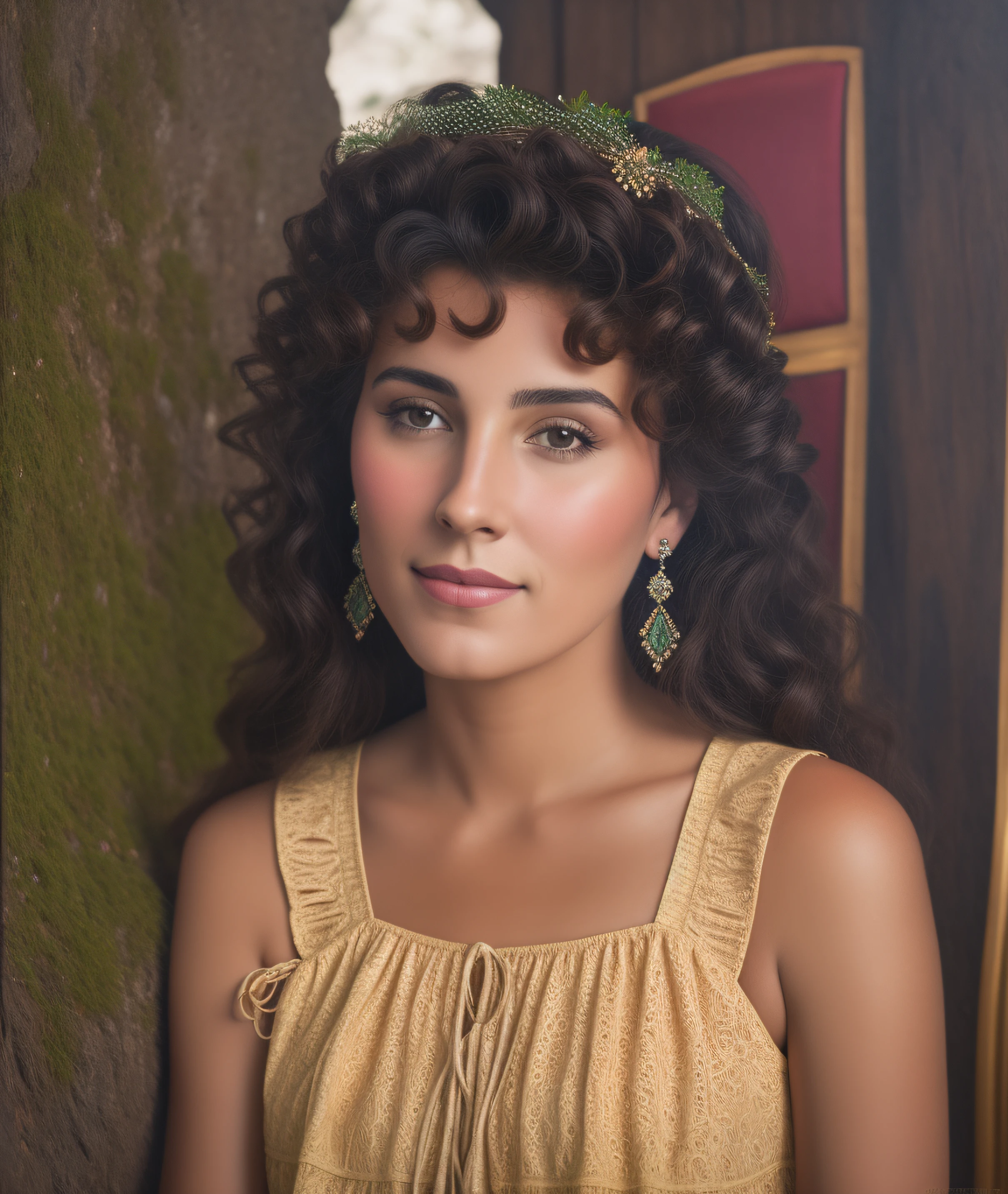 Hay una mujer joven con sombrero y aretes posando para una foto, Pintura mate Retrato disparado, Retrato suave disparado 8K, inspirado en Pierre Auguste Cot, Toma de retrato detallada, Young girl, Renderizado retrato 8K, Portrait of Princess Merida, Retrato de alta calidad, hermosa joven, Retrato detallado, Retrato detallado en color, Render de Mirabel Madrigal
