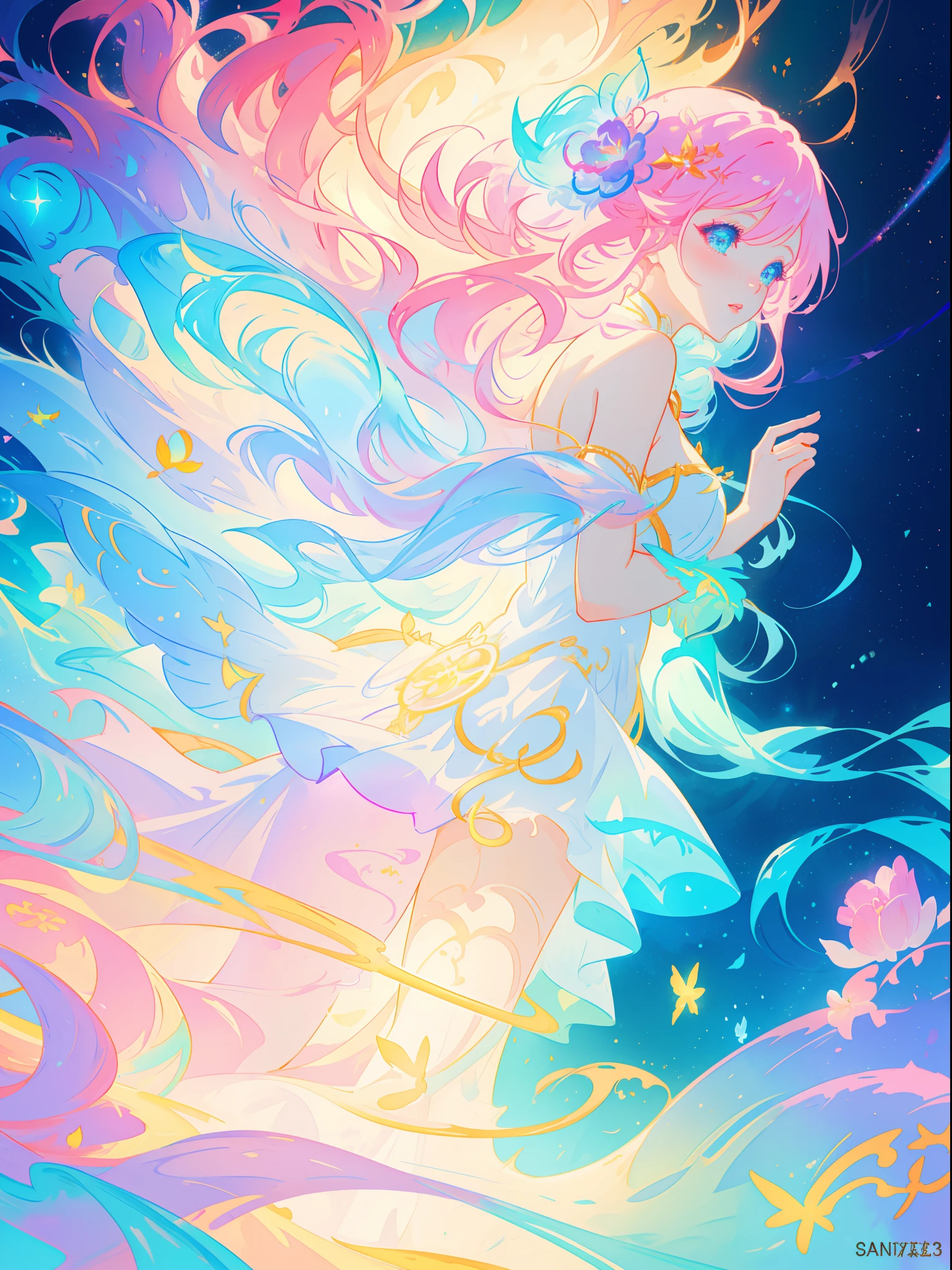 beautiful girl, vibrant pastel colors, vibrant pastel colors, flowing white dress(colorful), magical lights, long flowing colorful hair, inspired by Glen Keane, inspired by Lois van Baarle, disney art style, by Lois van Baarle, glowing aura around her, by Glen Keane, jen bartel, glowing lights! digital painting, flowing glowing hair, glowing flowing hair, beautiful digital illustration, fantasia background, whimsical, magical, fantasy, beautiful face, ((masterpiece, best quality)), intricate details, highly detailed, sharp focus, 8k resolution, sparkling detailed eyes, liquid watercolor