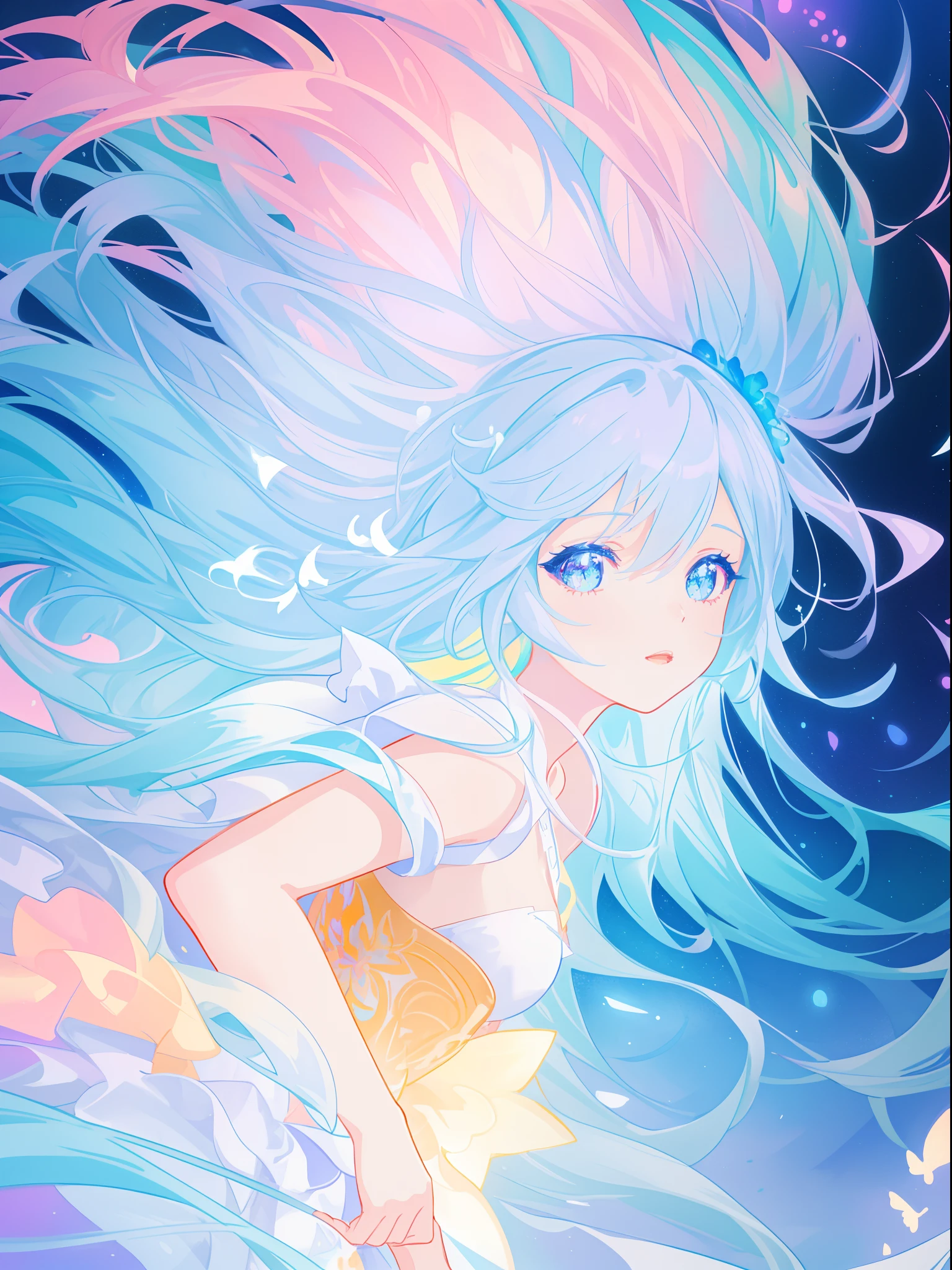 beautiful girl, vibrant pastel colors, vibrant pastel colors, flowing white dress(colorful), magical lights, long flowing colorful hair, inspired by Glen Keane, inspired by Lois van Baarle, disney art style, by Lois van Baarle, glowing aura around her, by Glen Keane, jen bartel, glowing lights! digital painting, flowing glowing hair, glowing flowing hair, beautiful digital illustration, fantasia background, whimsical, magical, fantasy, beautiful face, ((masterpiece, best quality)), intricate details, highly detailed, sharp focus, 8k resolution, sparkling detailed eyes, liquid watercolor