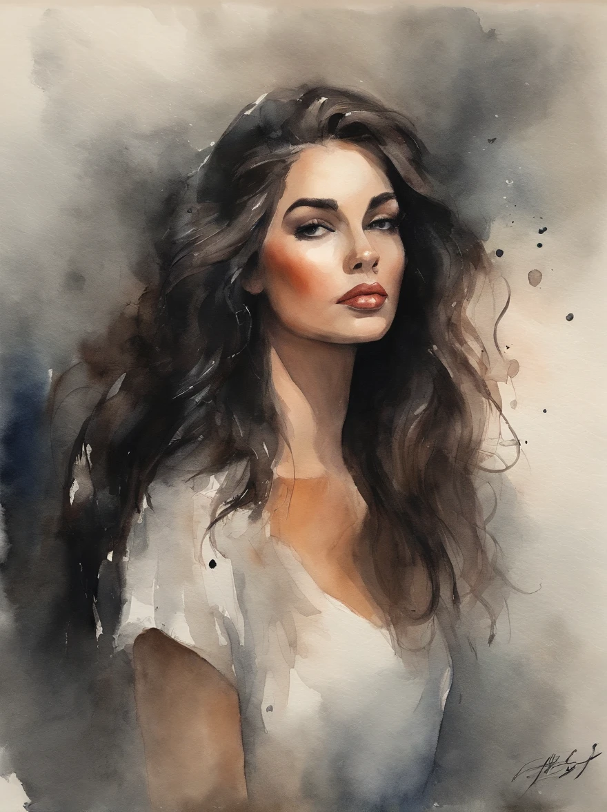 Pintura em aquarela de uma ****** preta bonita : : trending on ArtStation: : Simple composition creates a sense of order and harmony. A pintura reflete as qualidades espirituais do mundo natural. --up luz --ar 9:16 cabelo longo