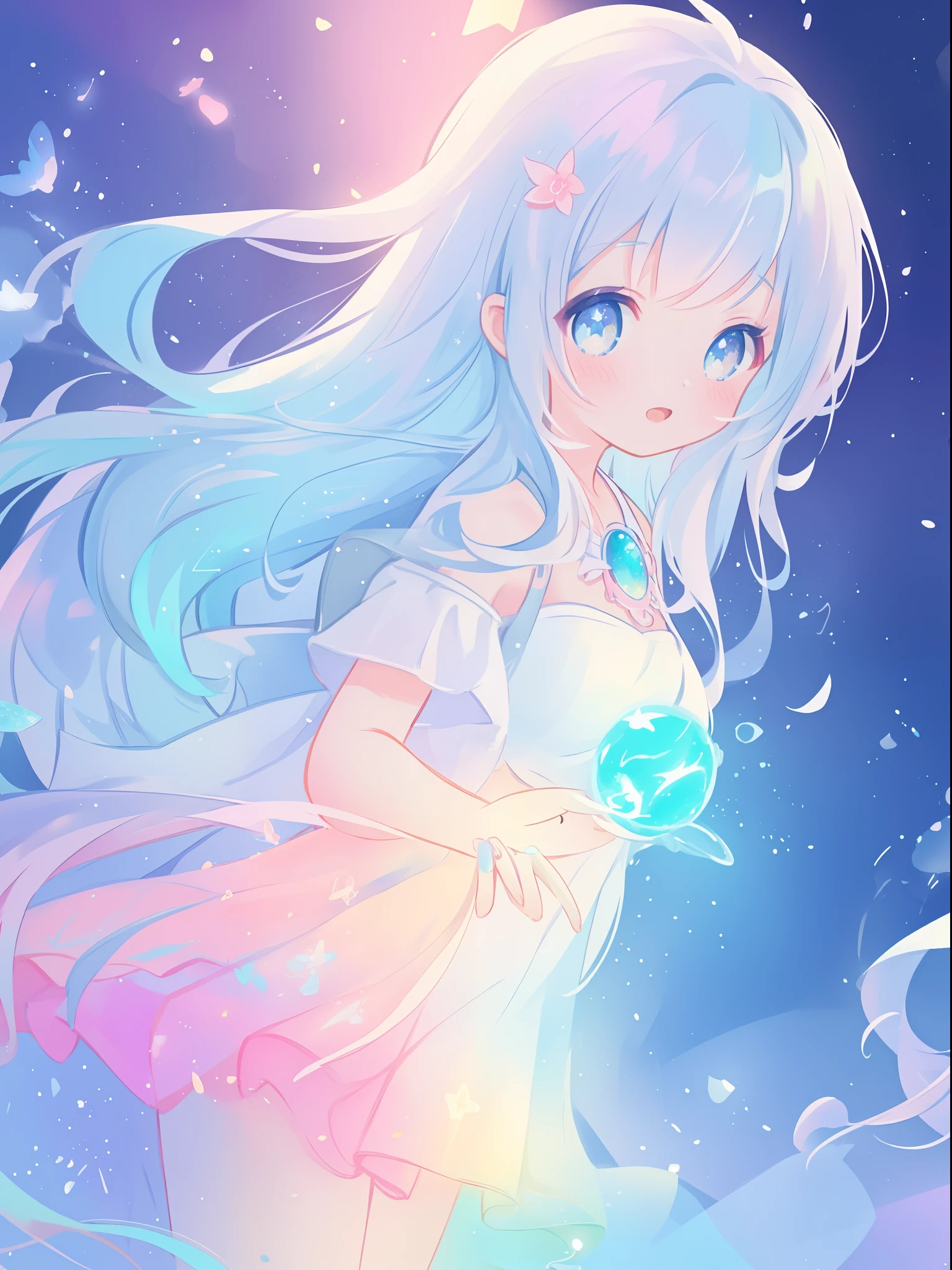 beautiful girl, vibrant pastel colors, vibrant pastel colors, flowing white dress(colorful), magical lights, long flowing colorful hair, inspired by Glen Keane, inspired by Lois van Baarle, disney art style, by Lois van Baarle, glowing aura around her, by Glen Keane, jen bartel, glowing lights! digital painting, flowing glowing hair, glowing flowing hair, beautiful digital illustration, fantasia background, whimsical, magical, fantasy, beautiful face, ((masterpiece, best quality)), intricate details, highly detailed, sharp focus, 8k resolution, sparkling detailed eyes, liquid watercolor