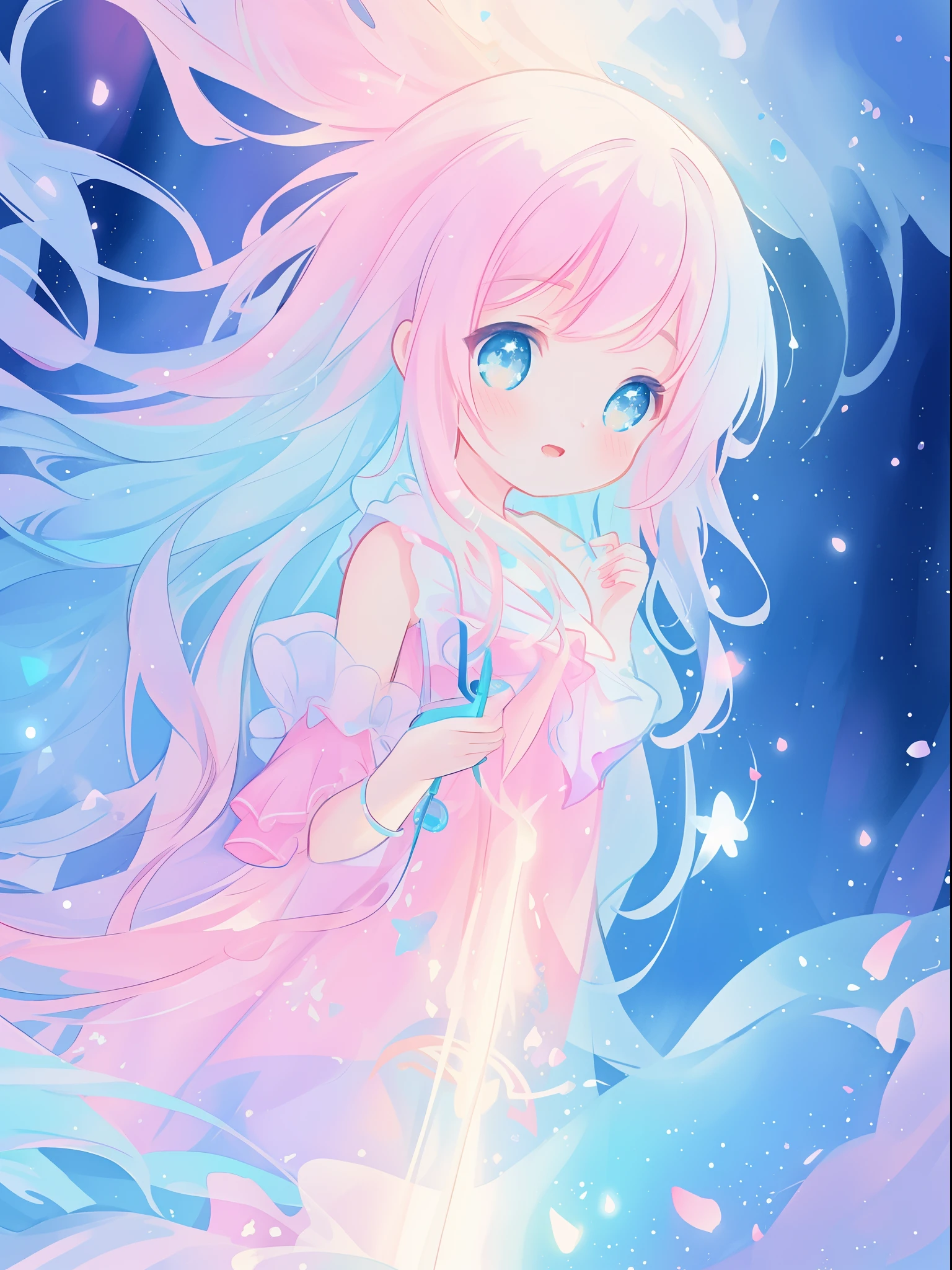 beautiful girl, vibrant pastel colors, vibrant pastel colors, flowing white dress(colorful), magical lights, long flowing colorful hair, inspired by Glen Keane, inspired by Lois van Baarle, disney art style, by Lois van Baarle, glowing aura around her, by Glen Keane, jen bartel, glowing lights! digital painting, flowing glowing hair, glowing flowing hair, beautiful digital illustration, fantasia background, whimsical, magical, fantasy, beautiful face, ((masterpiece, best quality)), intricate details, highly detailed, sharp focus, 8k resolution, sparkling detailed eyes, liquid watercolor