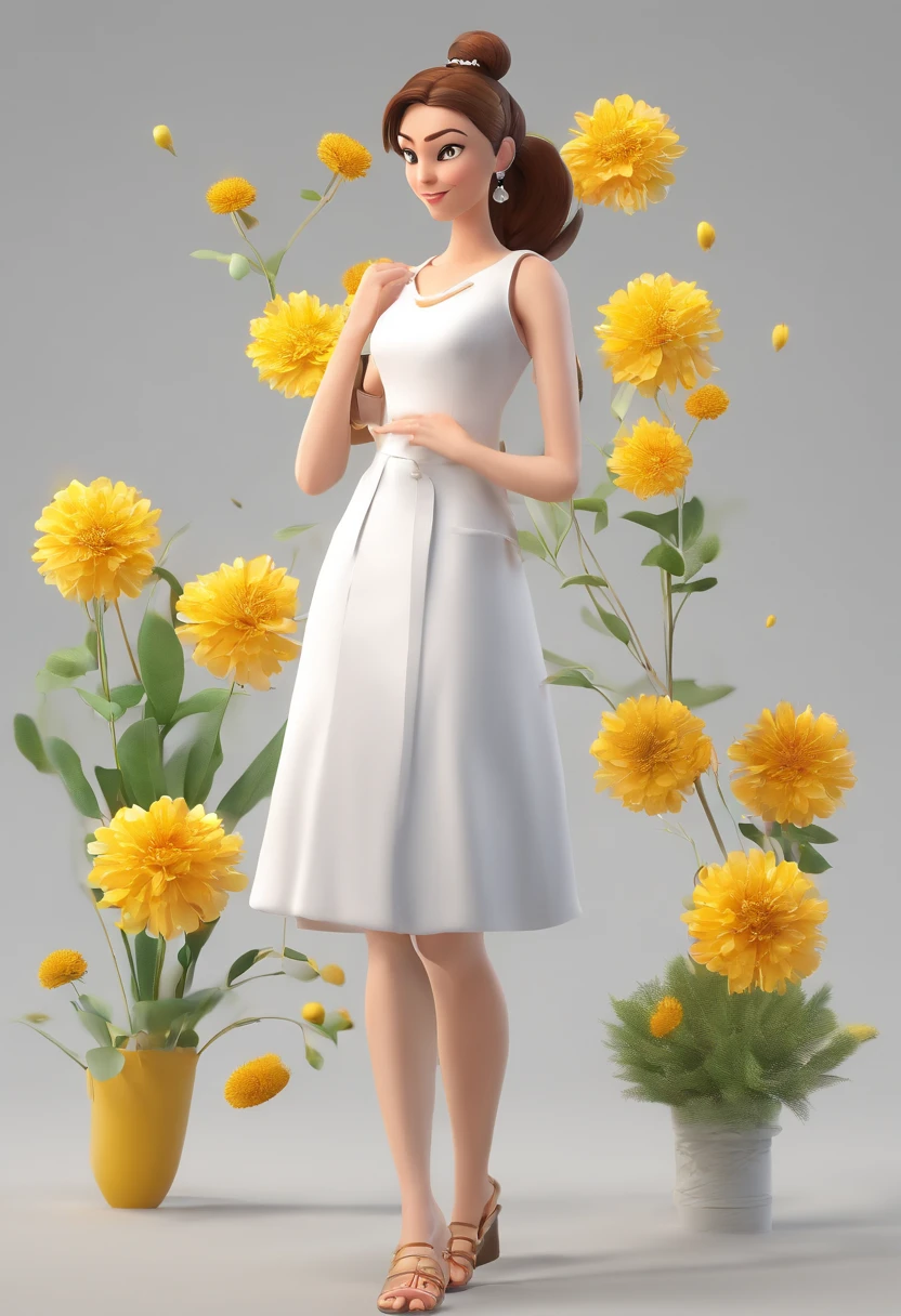 woman, 50 years old, lady, brown hair tied in a bun, brown eyes, white dress with yellow flowers, well-behaved, flip-flops, different angles, white background --air 3:2, character poses