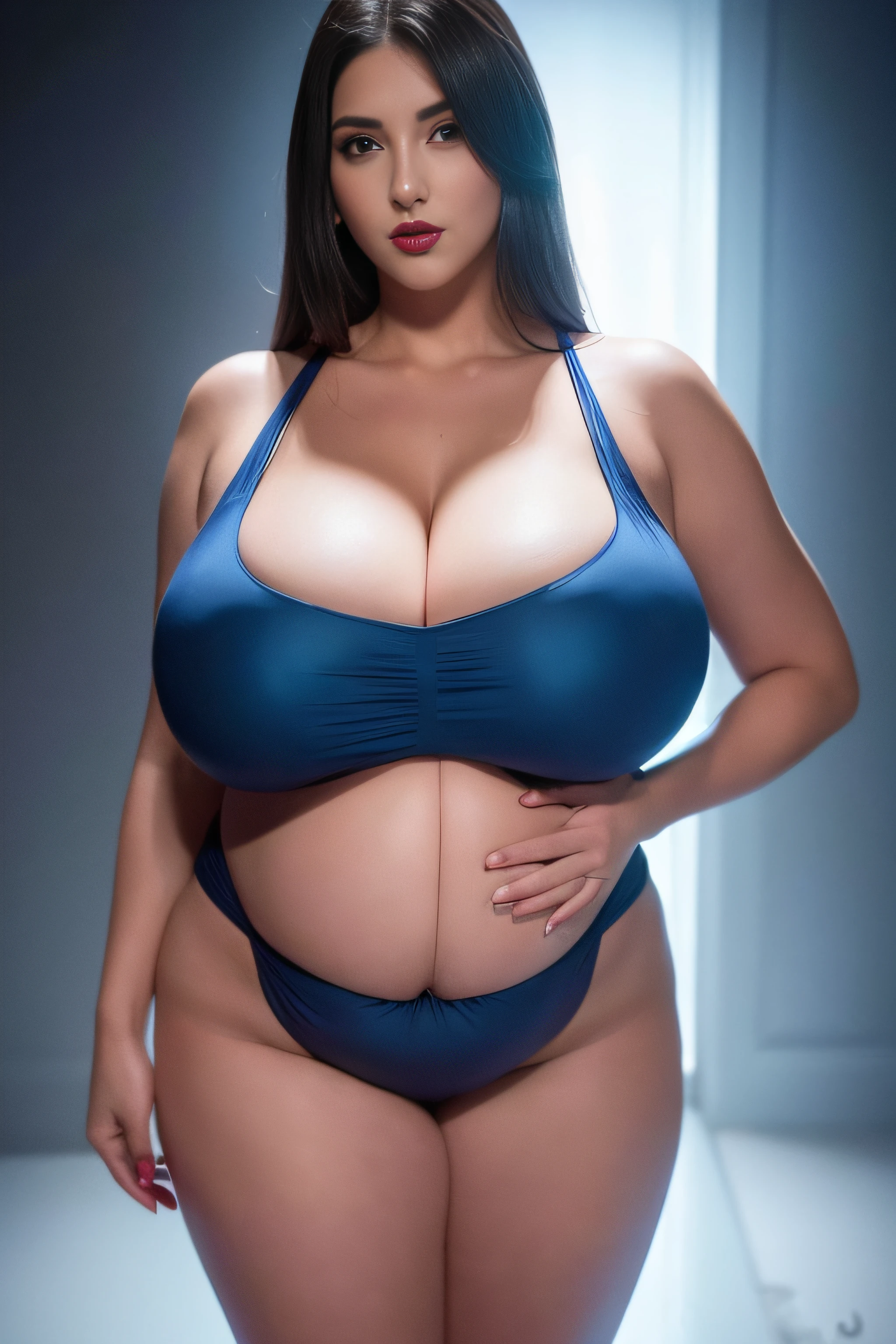 beautiful thick female, ((Caustics, kosmos)), Dark red atmosphere, Dark Blue Eyeshadow, dark red lips, Standing, Pregnant women, Platinum Blonde Woman, Incredibly big, very plump body, seductively looking in front,