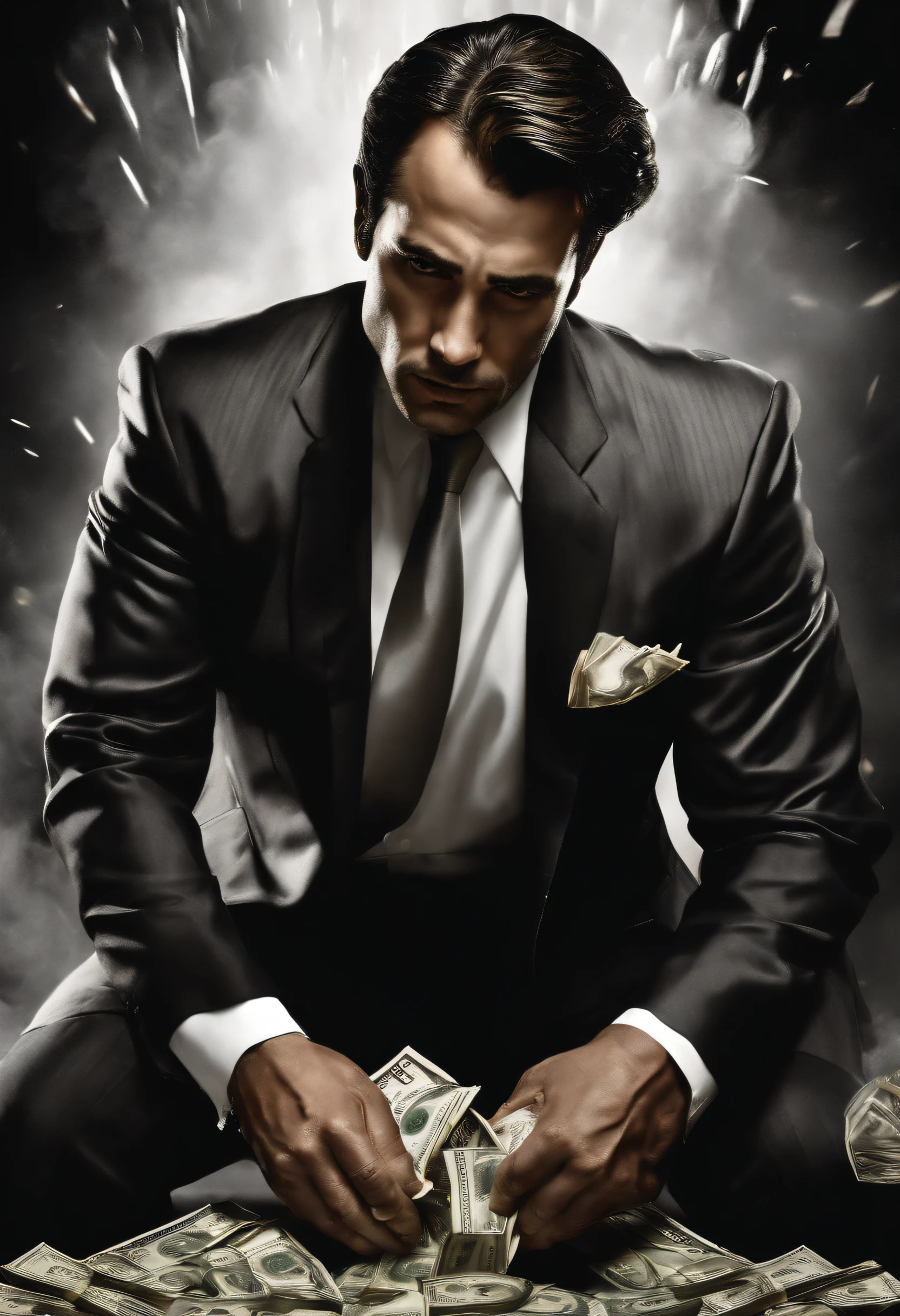 Man fighting money, Oil Painting, Harsh brush strokes, Dramatic Lighting, intense expression, Determined eyes, hold fists, sweat dripping down his face, Wrinkled suit, broken chains, Crumbling dollar bills, Crumbling Stock Market Graph, Smoke rises in the background, Black and white with a touch of gold, Realism. (Best Quality, hight resolution, Ultra-detailed), (Realistic:1.37), Professional, Vivid colors.