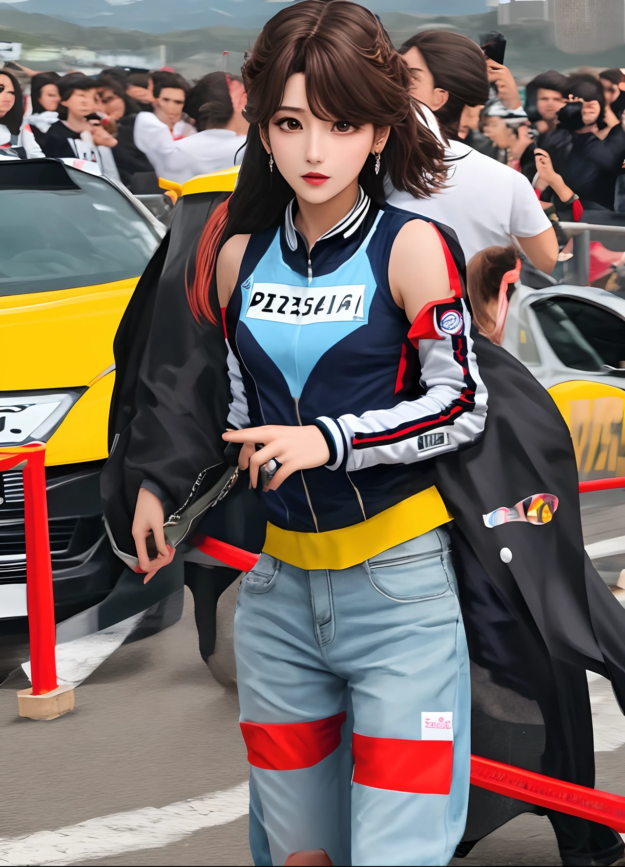 Hirai Momo vestida como piloto de corrida