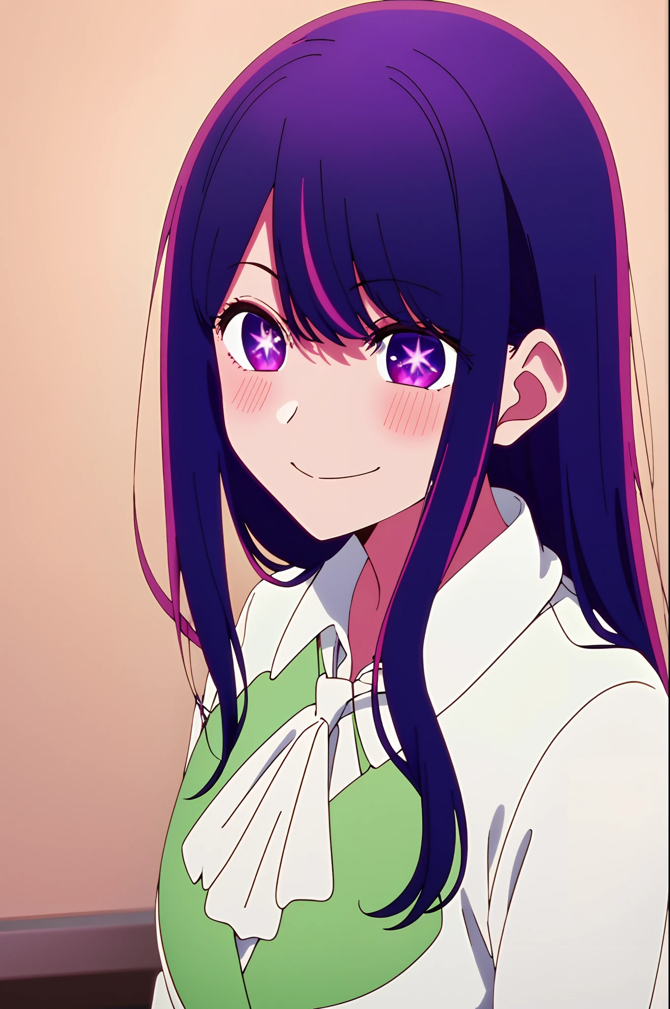 ​masterpiece、ighly detailed、(1 girl in:1.2)、purple color  hair、Green blazer、White cutter shirt、a black skirt、big eye、a closeup、A smile、8K 、Ai Hoshino、‎Classroom