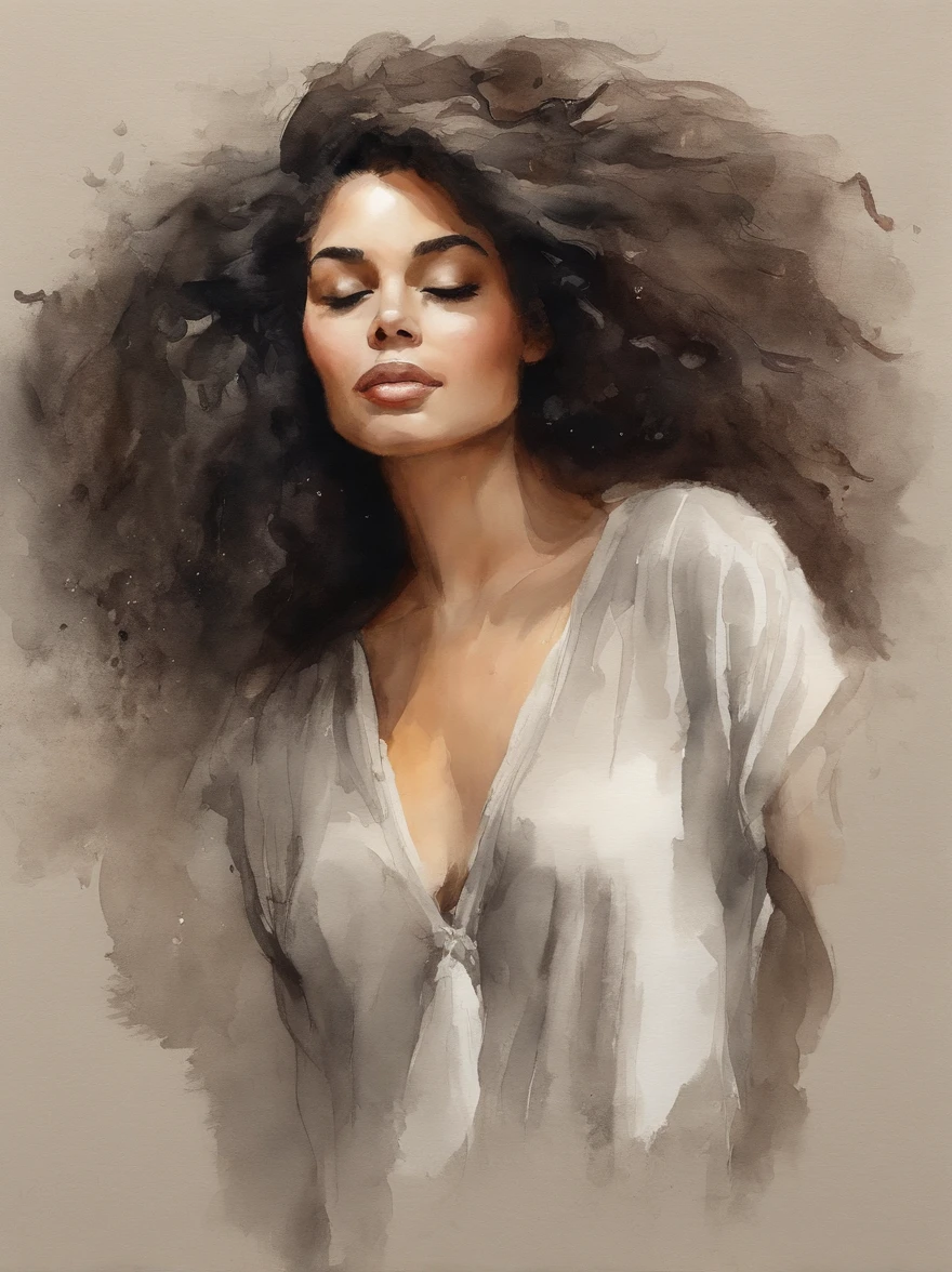 Pintura em aquarela de uma  preta bonita : : trending on ArtStation: : Simple composition creates a sense of order and harmony. A pintura reflete as qualidades espirituais do mundo natural. --up luz --ar 9:16, cabelo longo, mulher negra , mulher preta, cabelo cacheado
