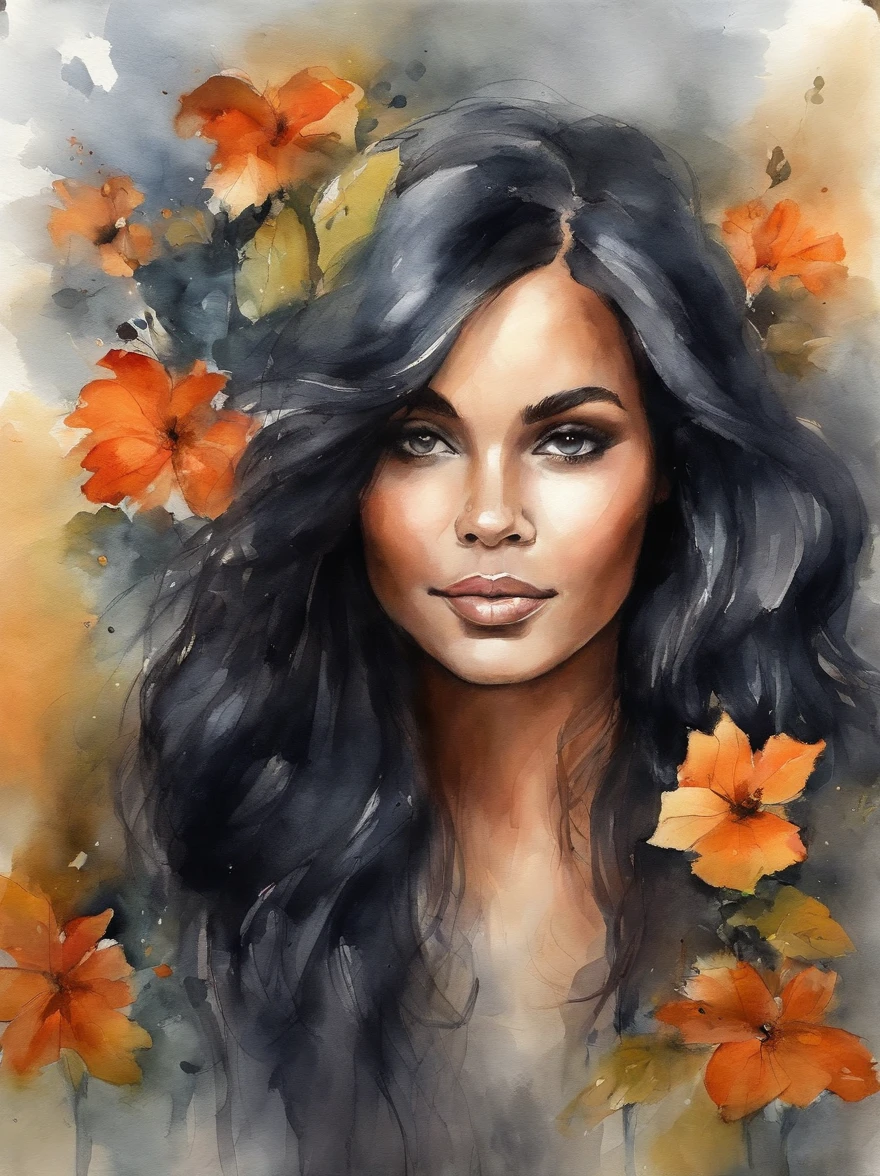 Pintura em aquarela de uma preta bonita : : trending on ArtStation: : Simple composition creates a sense of order and harmony. A pintura reflete as qualidades espirituais do mundo natural. --up luz --ar 9:16, cabelo longo, mulher negra , mulher preta, cabelo cacheado