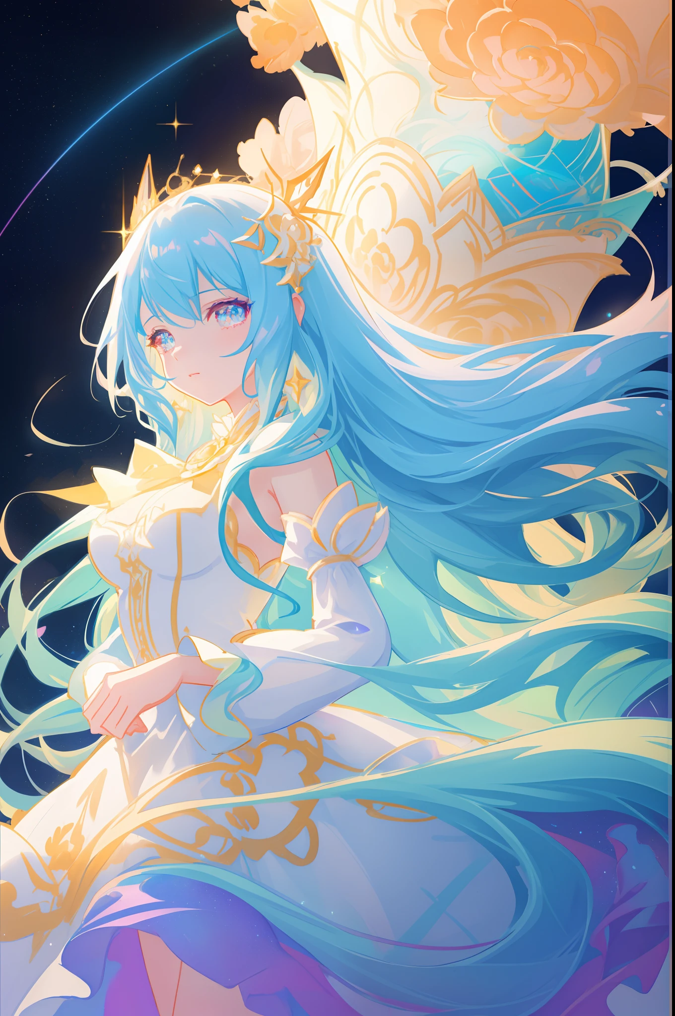 beautiful girl, puffy tiered princess ballgown with puffy long sleeves, vibrant pastel colors, (colorful), glowing golden long hair, magical lights, sparkling magical liquid, inspired by Glen Keane, inspired by Lois van Baarle, disney art style, by Lois van Baarle, glowing aura around her, by Glen Keane, jen bartel, glowing lights! digital painting, flowing glowing hair, glowing flowing hair, beautiful digital illustration, fantasia background, whimsical, magical, fantasy, ((beautiful face)), ((masterpiece, best quality)), intricate details, highly detailed, sharp focus, 8k resolution, sparkling detailed eyes, liquid watercolor