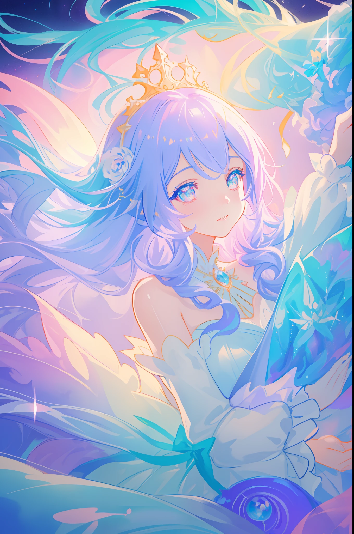 beautiful girl, puffy tiered princess ballgown with puffy long sleeves, vibrant pastel colors, (colorful), glowing golden long hair, magical lights, sparkling magical liquid, inspired by Glen Keane, inspired by Lois van Baarle, disney art style, by Lois van Baarle, glowing aura around her, by Glen Keane, jen bartel, glowing lights! digital painting, flowing glowing hair, glowing flowing hair, beautiful digital illustration, fantasia background, whimsical, magical, fantasy, ((beautiful face)), ((masterpiece, best quality)), intricate details, highly detailed, sharp focus, 8k resolution, sparkling detailed eyes, liquid watercolor